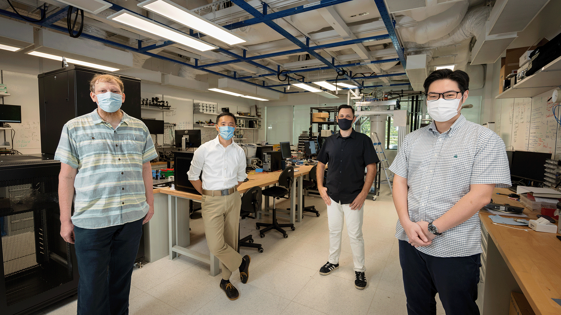 Asst Prof Charles Lim (right) with members of the National Quantum-Safe Network (NQSN) team at the Centre for Quantum Technologies