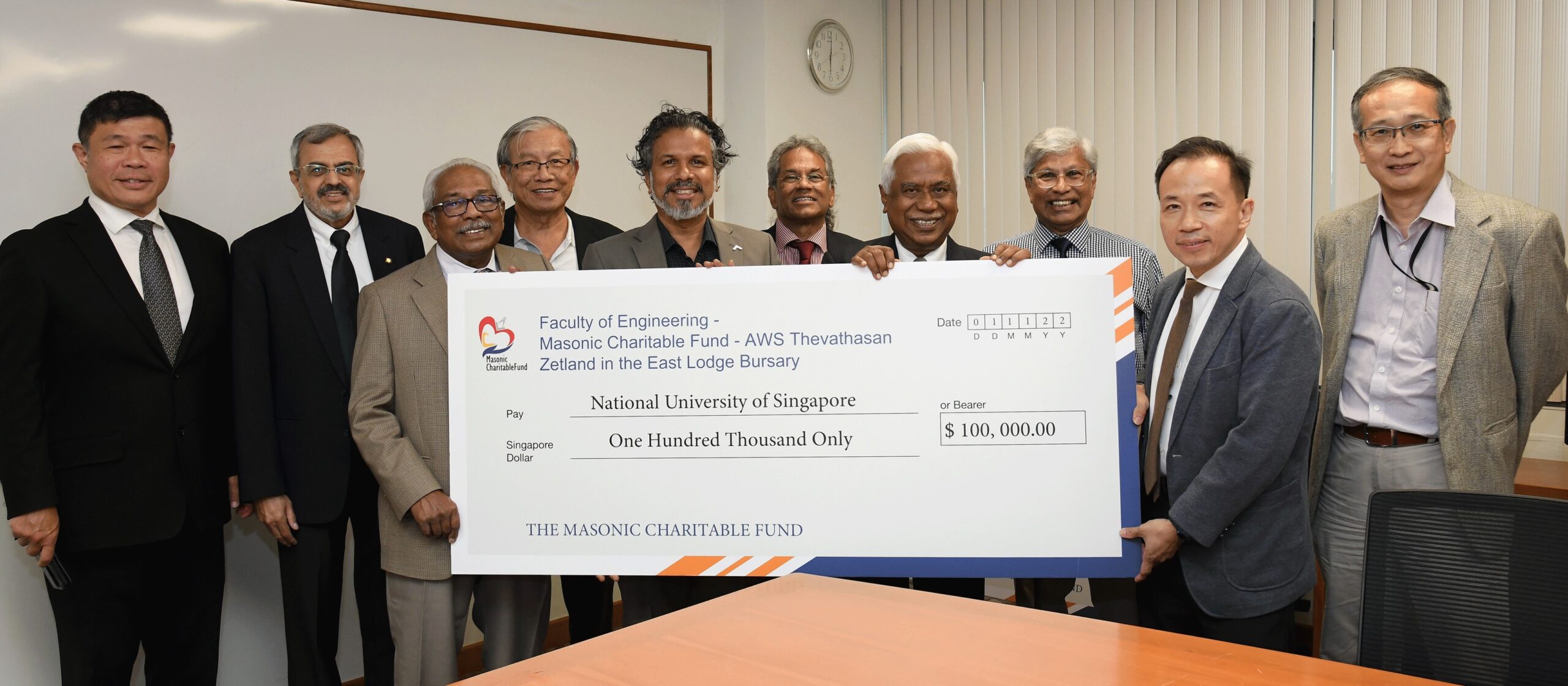 Dr Ivor Thevathasan, Dr Suresh B Babu, Dr Brian Shegar, together with AWS Thevathasan Family and Reps of Zetland in the East Lodge, presented the first cheque to CDE Dean Prof Aaron Thean on behalf of the MCF.