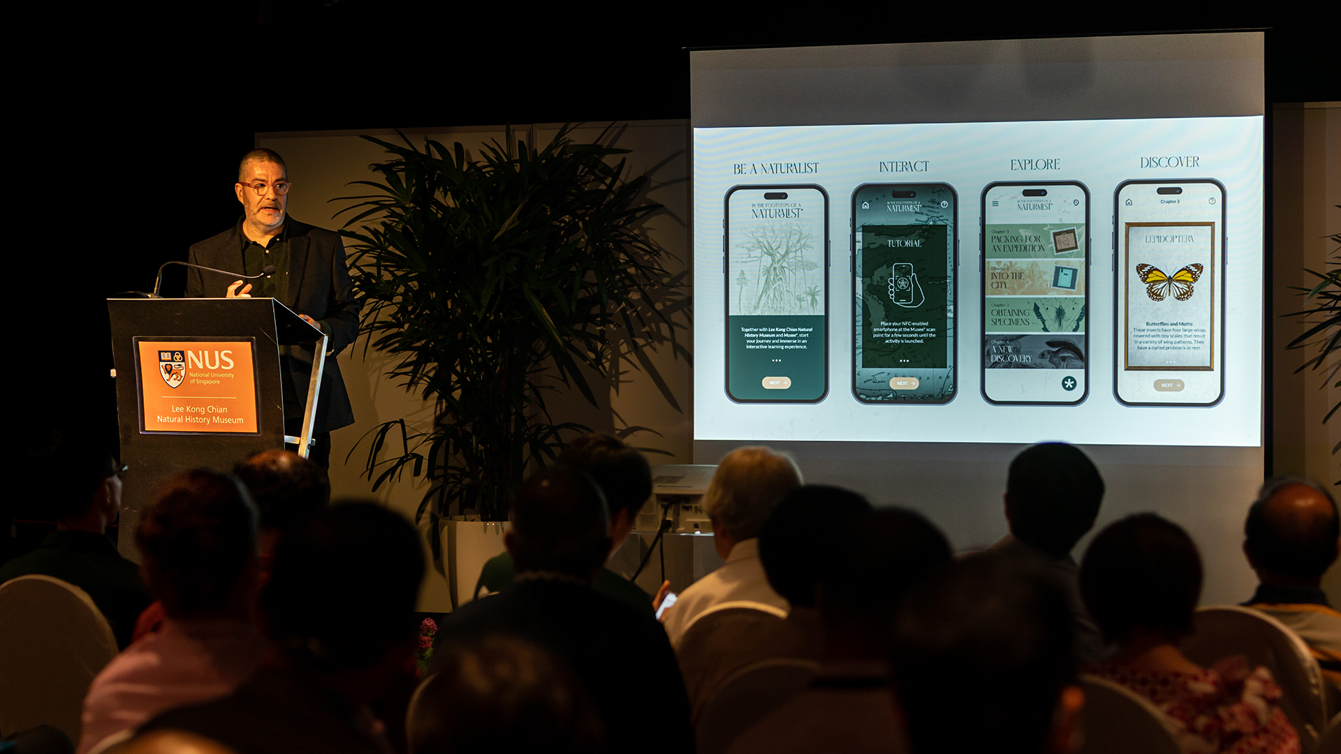 Assoc Prof Christophe Gaubert, Director of the DIC, introducing the app at the Lee Kong Chian Natural History Museum's eighth anniversary celebration.