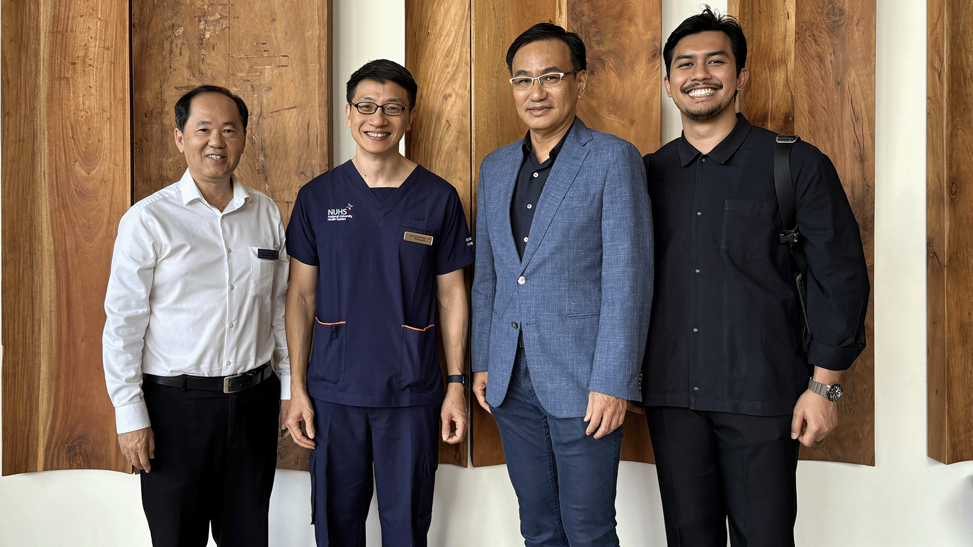 From left to right: Mr. Chua Song Khim, Deputy Chief Executive of Alexandra Hospital, Dr. Jason Phua, CEO of Alexandra Hospital, NUS Assoc Prof Shinya Okuda, Founding Director of SkyTimber Design Lab and Ahmad Amirul bin Ahmad, Research Assistant at SkyTimber.