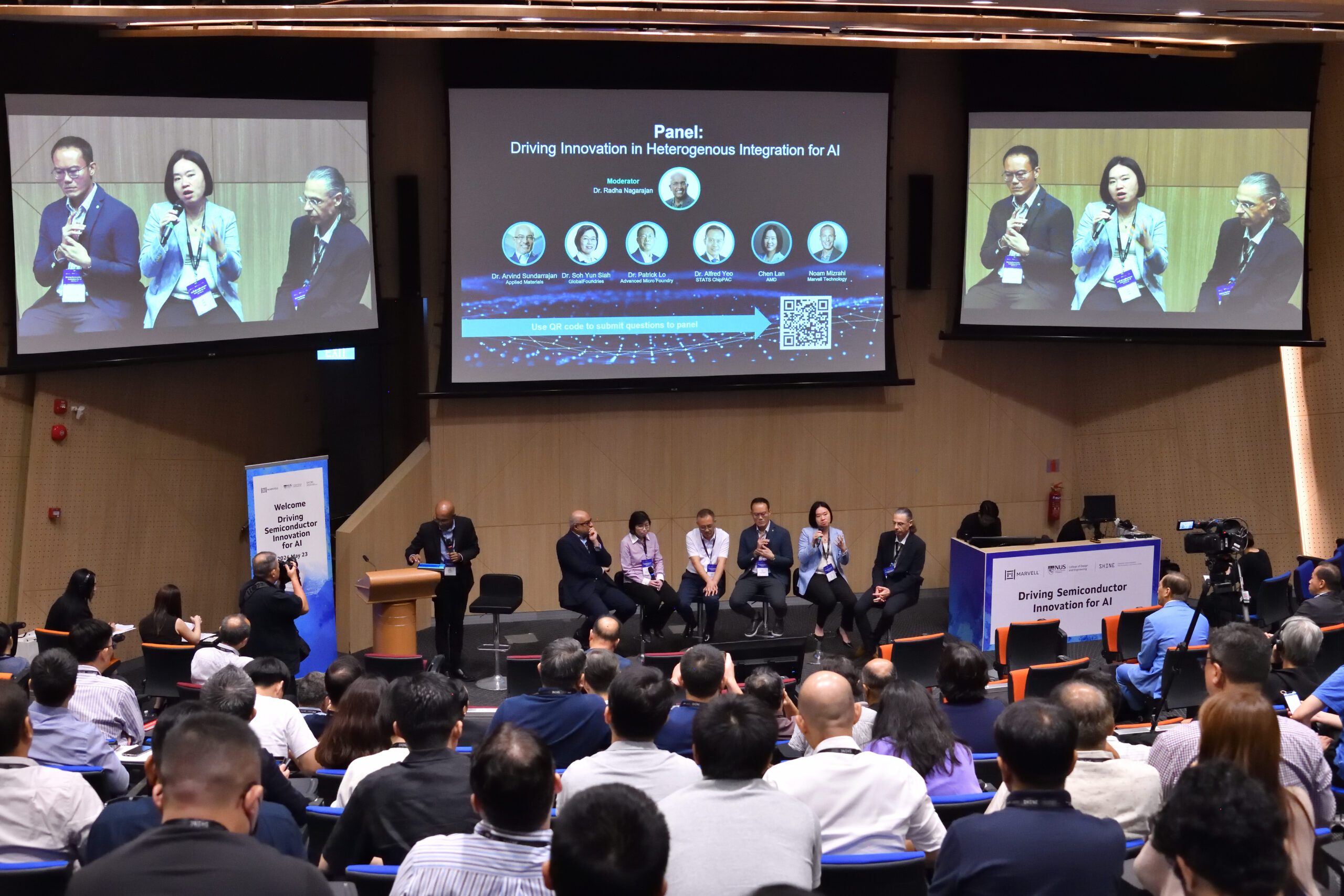 The panel from left to right: Dr Radha Nagarajan (Marvell Technology), Dr Arvind Sundarrajan (Applied Materials), Dr Siah Soh Yun (GlobalFoundries), Dr Patrick Lo (Advance Micro Foundry), Dr Alfred Yeo (STATS ChipPAC), Ms Chen Lan (AMD) and Mr Noam Mizarhi (Marvell Technology). 