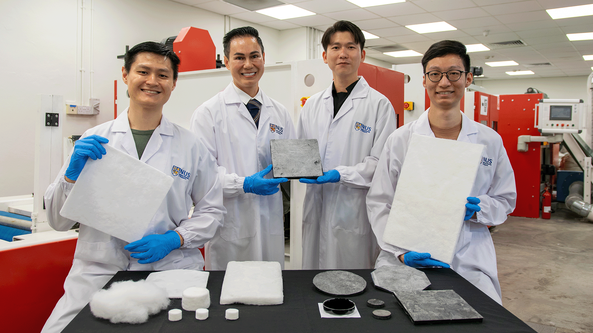 Assoc Prof Duong Hai-Minh (second from left) and his team – Mr Goh Xue Yang (first from left), Mr Nguyen Tan Luon (third from left), and Mr Bai Tianliang (extreme right) – developed innovative aerogels for radiative cooling (white aerogels) and absorption of electromagnetic waves (grey aerogels).