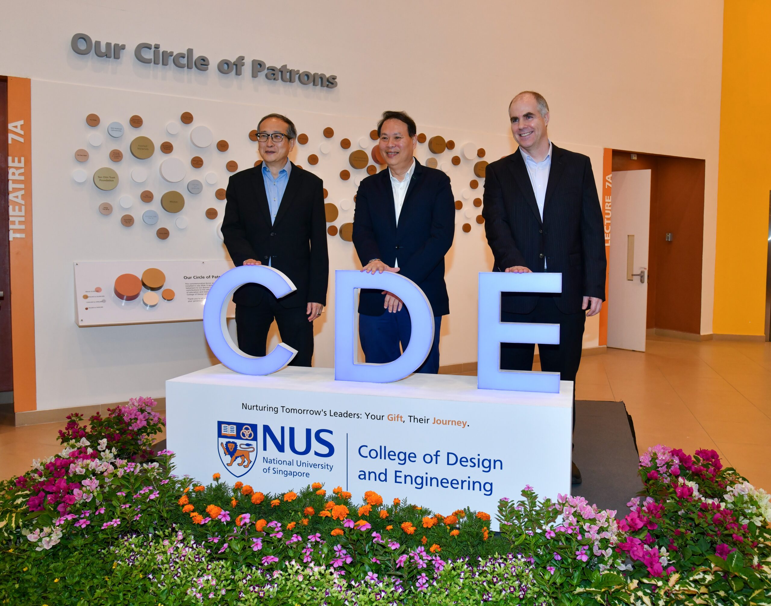 Launch of CDE Donor Wall by Professor Heng Chye Kiang (left), Professor Teo Kie Leong (center) and Professor Martin Lindsay Buist (right)