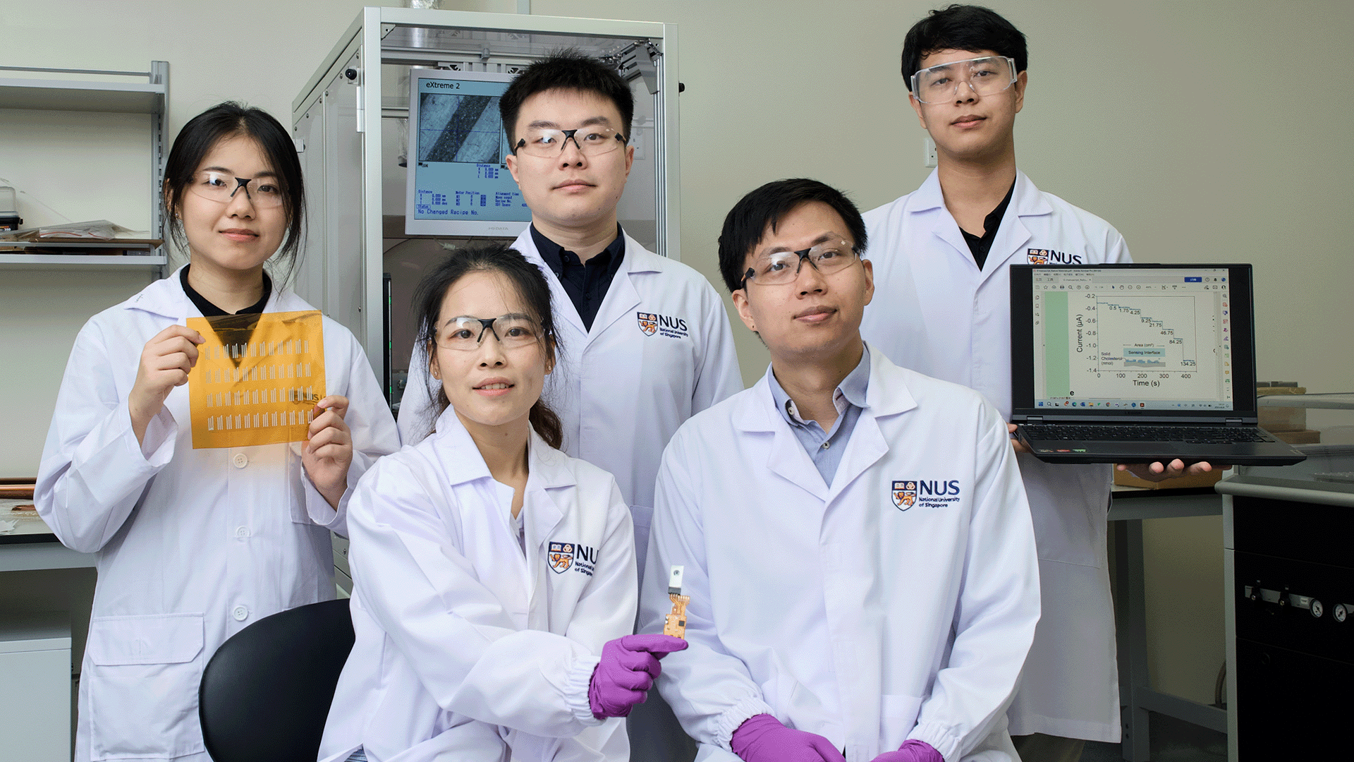 Lead researcher Asst Prof Liu Yuxin (front right) with Research Fellow Dr Wang Chan (front left) holding a sample of the sensor, and other members of the research team.