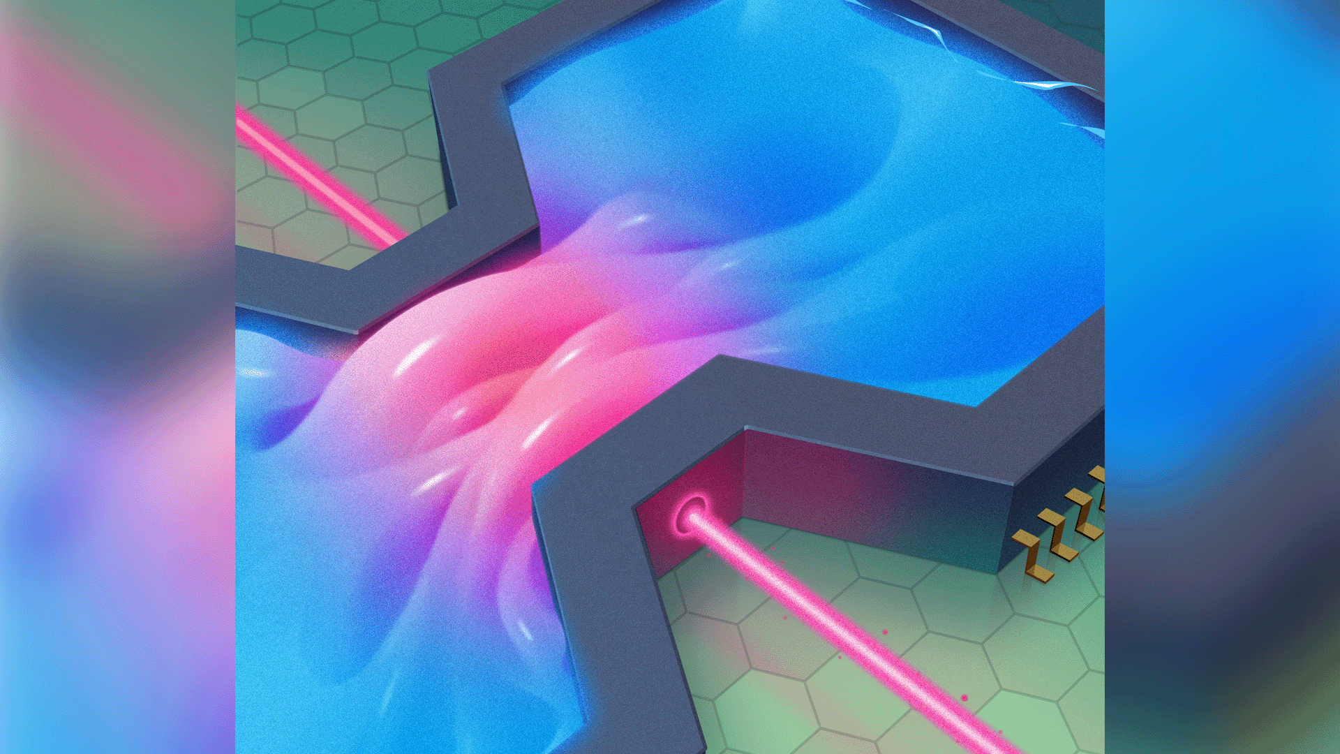 A conceptual image shows a beam of terahertz radiation heating electron fluid and causing a change in viscosity.