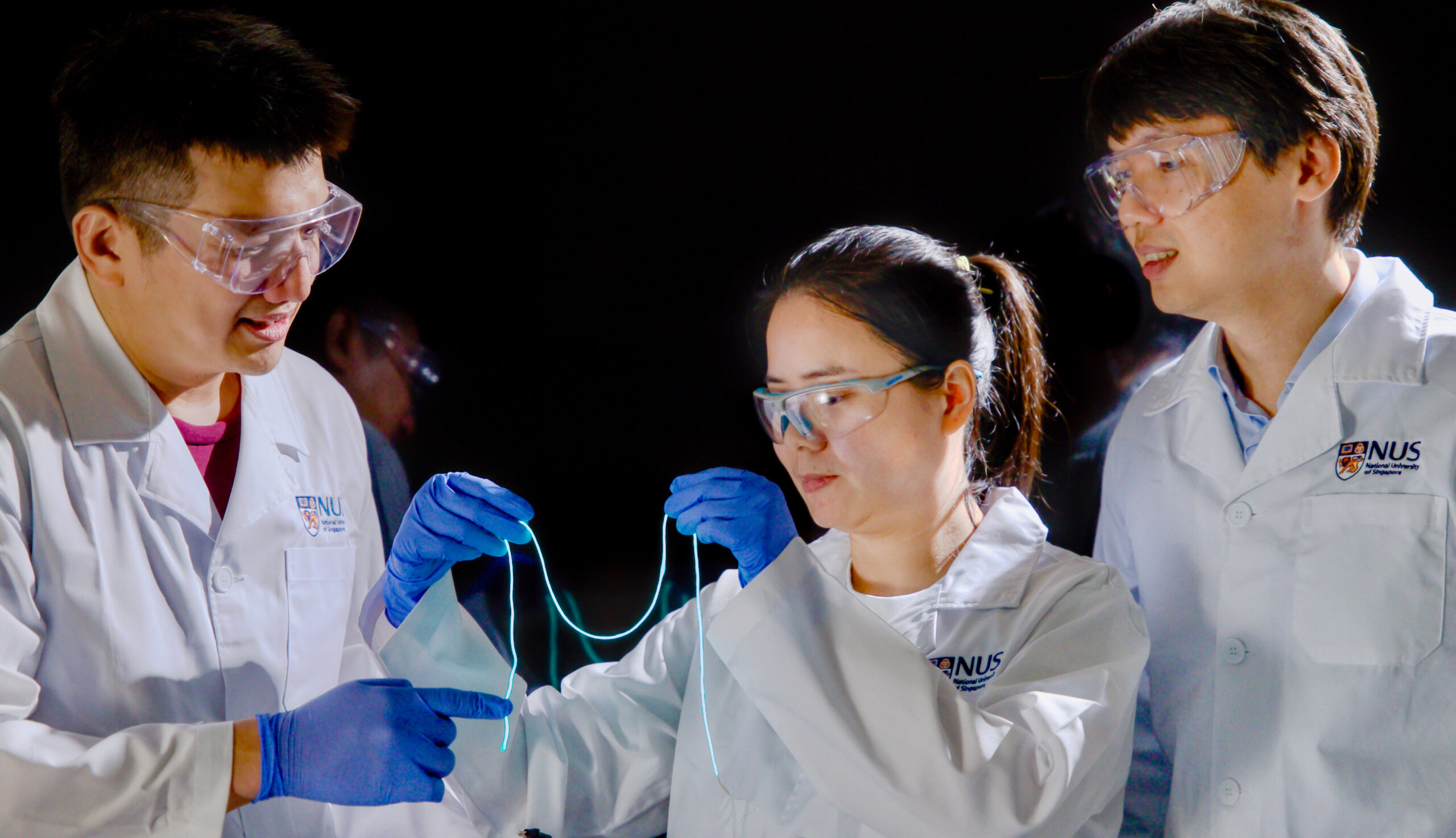 Research team leader Assoc Prof Ben Tee (right) with Dr Fu Xuemei (middle) and Dr Wan Guanxiang (left).