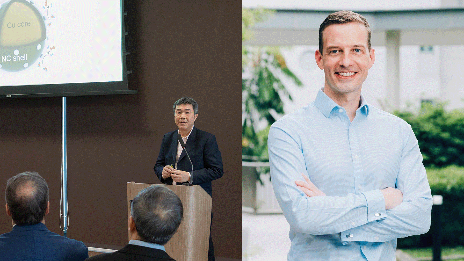 The two CDE faculty involved in the research project: Assoc Prof Sibudjing Kawi (left) speaking at the funding announcement and Assoc Prof Michel Bosman (right).