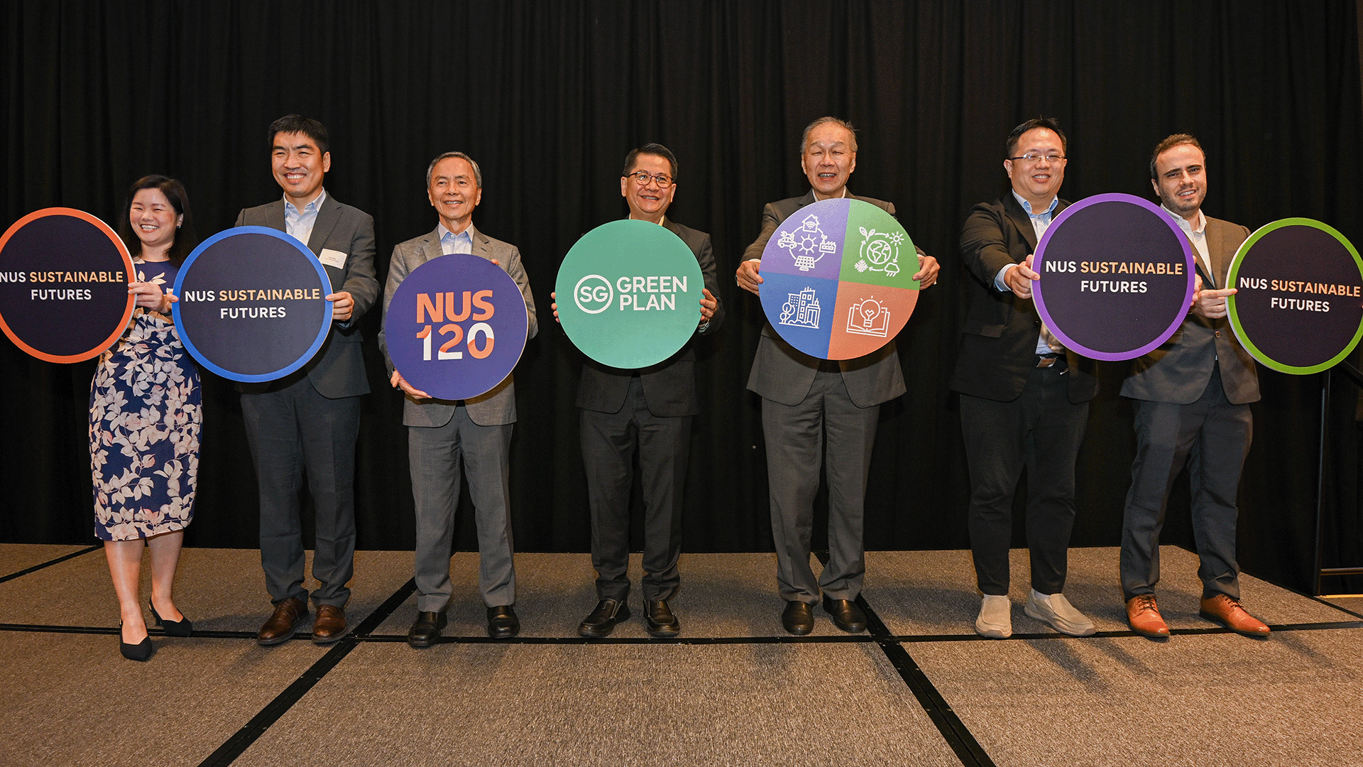 NUS Sustainable futures launch Launch of NUS Sustainable Futures. Assoc Prof Yuan Chao (second from left) and Prof Lee Poh Seng (second from right) alongside (from L to R) Ms Melissa Low, Head of NUS Sustainability Academy; Mr Hsieh Fu Hua, NUS Chairman; Mr Stanley Loh, Permanent Secretary for Sustainability and the Environment; Prof Low Teck Seng, NUS Senior Vice President for Sustainability and Resilience; and Assoc Prof L. Roman Carrasco, Co-Director of Initiatives for Climate, Oceans & Nature.