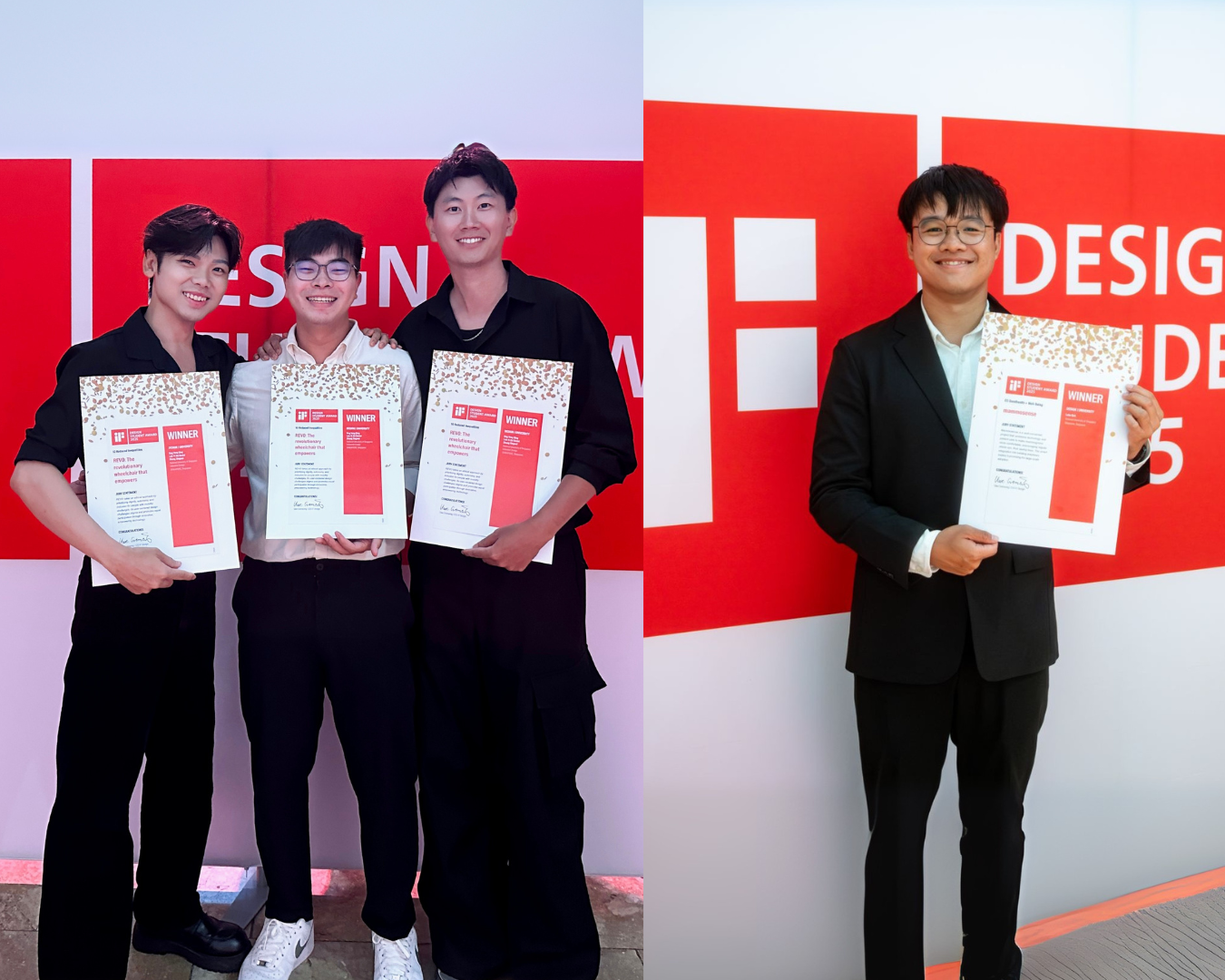 Winners of the iF DESIGN STUDENT AWARD 2025, Loh Yi Zhi Daniel, Ong Yong Qing and Zhong Xingwei of REVO, and Luke Goh, celebrate their achievements.
