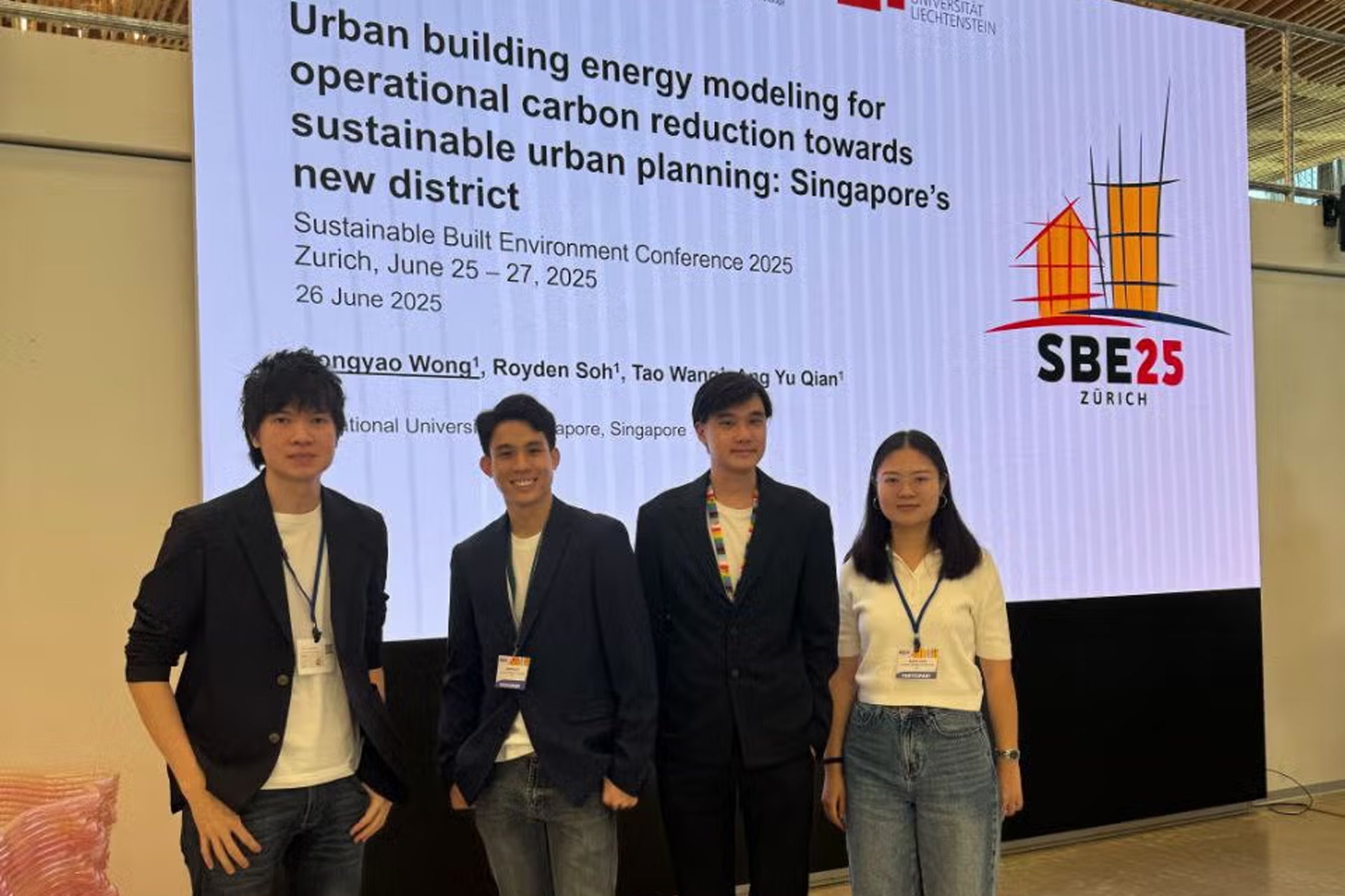 Environmental-Engineering-buildings-sg (From left to right) Assistant Professor Ang Yu Qian, Royden Soh Wei Jun, Wong Hong Yao, and Xue Yu (PhD candidate) at the Sustainable Built Environment Conference 2025, where Hong Yao presented the methodology behind Building.sg