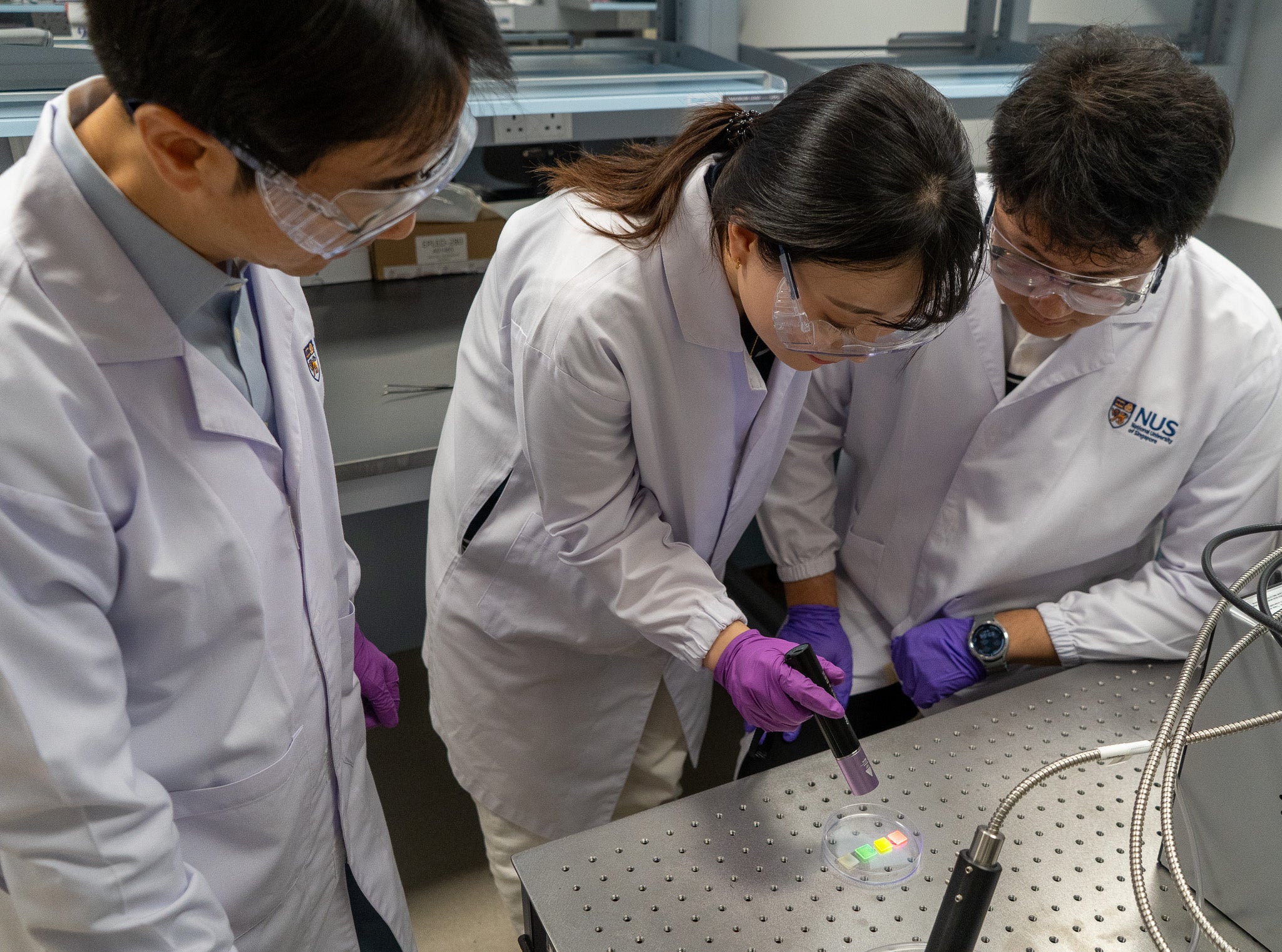 The researchers illuminate red, green, and blue circularly polarised luminescence (CPL) samples under UV light. The system successfully transferred chirality to the dyes, enabling stable full-colour emission.