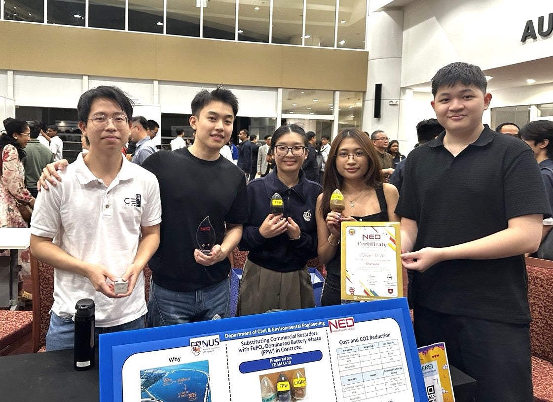 (From left to right) Tan Tin Chong, Quay Genk Swee Daniel, Shermaine Kong, Su Rati Naing and Theikhar Maung from Civil Engineering clinched the Champion title for their project, which explored how iron phosphate waste (FPW) from spent electric vehicle batteries could be repurposed as a sustainable concrete admixture.