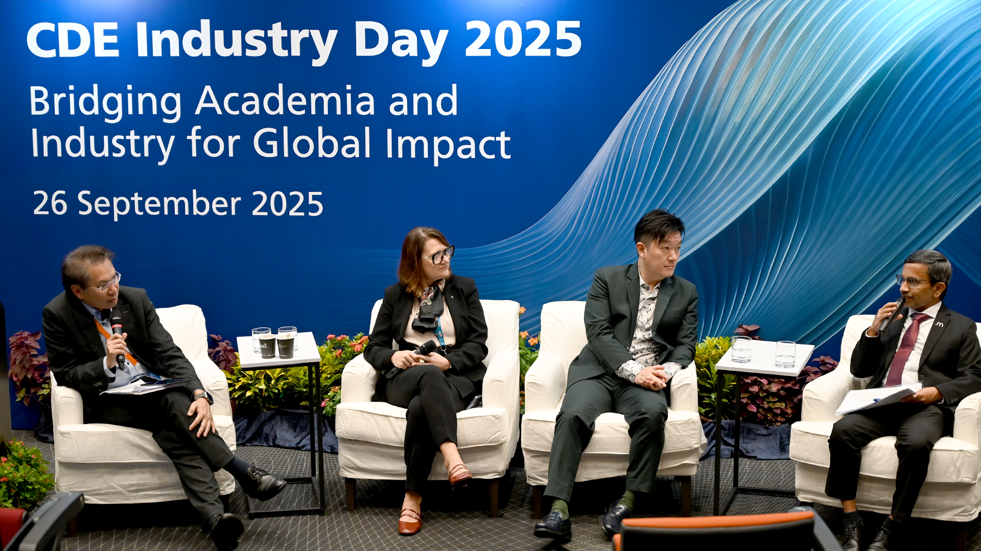 The panel discussion focused on measures to position Singapore as a tech and talent development hub. (From left: Professor Yeo Yee Chia, Deputy Chief Executive of the Agency for Science, Technology, and Research (A*STAR); Prof Cecilia Laschi, Provost’s Chair Professor of Robotics at CDE; Mr Tan Szue Hann, Director of ESG Strategy at Keppel Ltd; Mr Krishnan Subramanian, Corporate Vice President of NAND Technology Integration at Micron Technology.