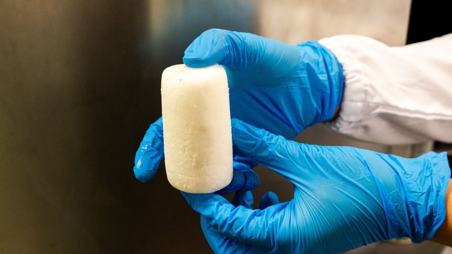 Amino-acid-modified ice sample developed by Prof Linga and his team, which rapidly captures methane gas as hydrate.