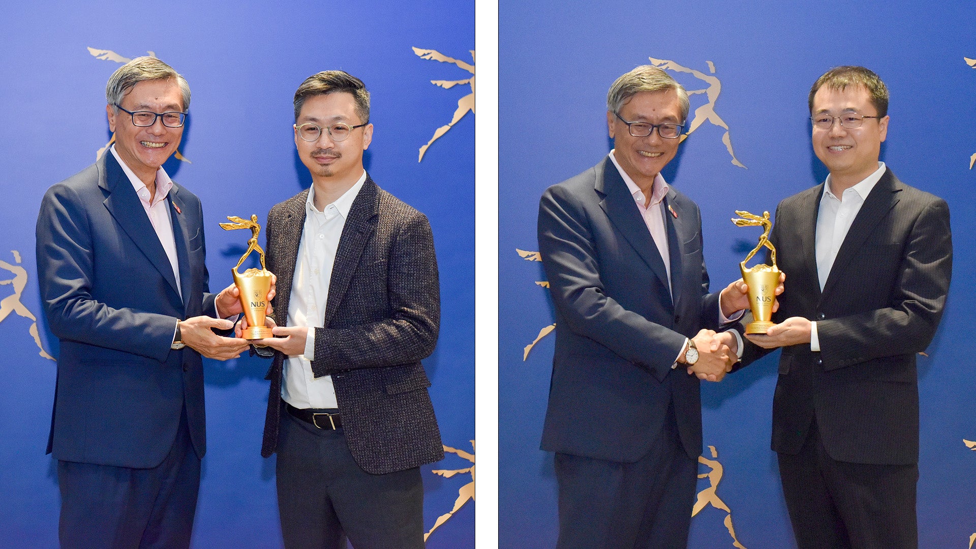 Left: Asst Prof Hou Yi receiving his award from NUS President Prof Tan Eng Chye. Right: Prof Yan Ning receiving his award, also pictured with Prof Tan.