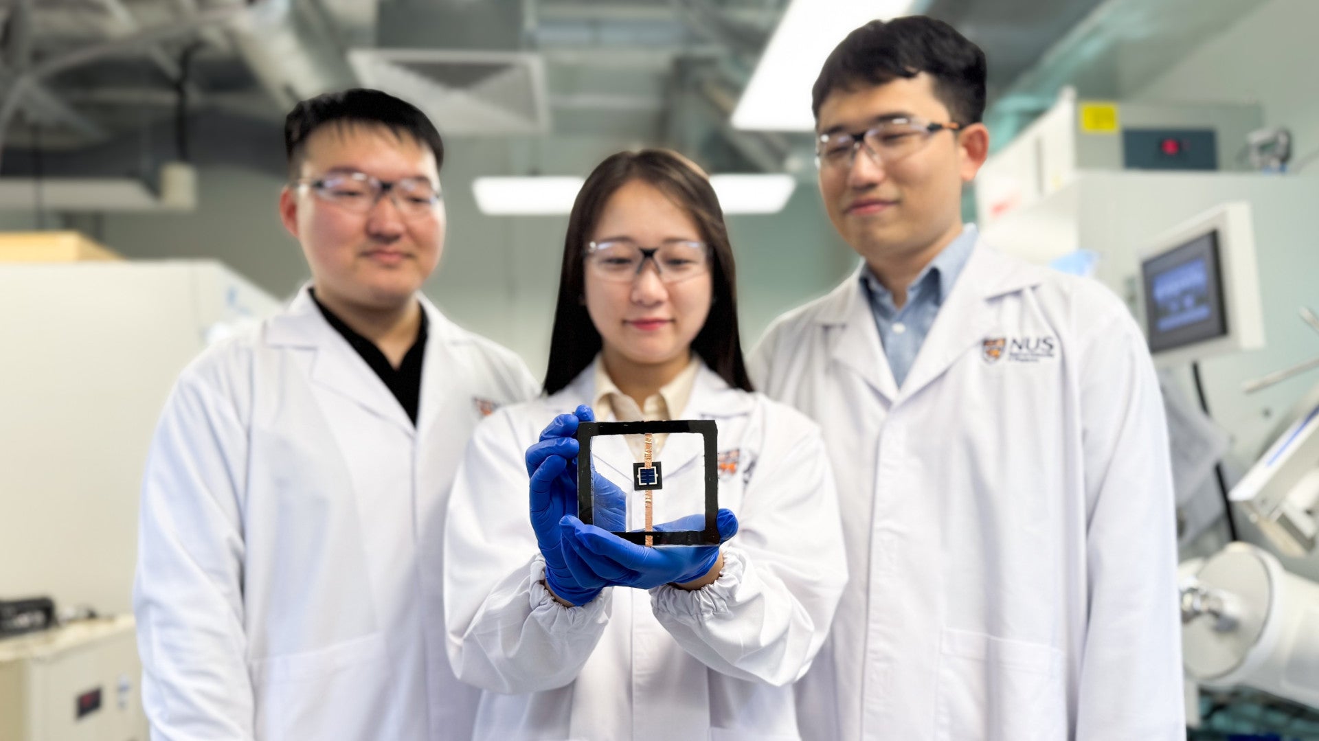 Dr Zhang Boxue (left), Asst Prof Park Somin (middle) and Asst Prof Wei Mingyang (right) from the National University of Singapore developed a more heat-resistant material to enhance the stability of perovskite/silicon tandem solar cells.