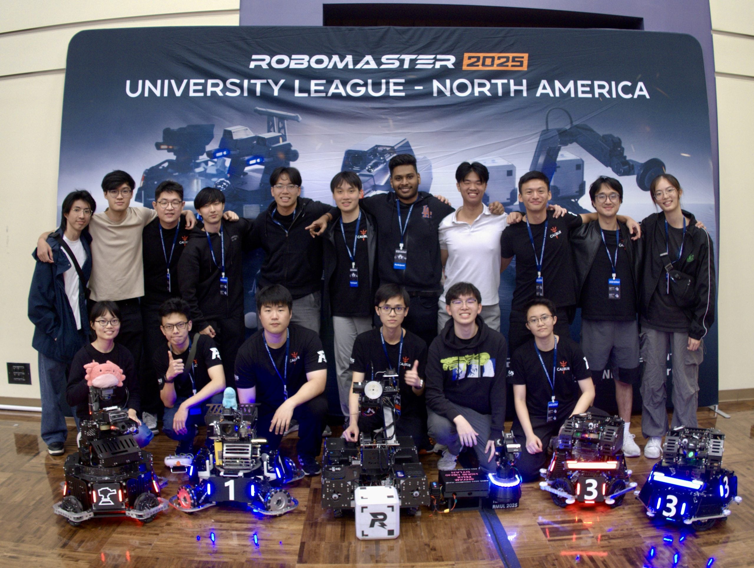 NUS Calibur Robotics coming in 1st place in the Engineer Challenge, 2nd place in the 1v1 Infantry Match, and Top 8 in the 3v3 Match at the RoboMaster University League (RMUL) 2025 