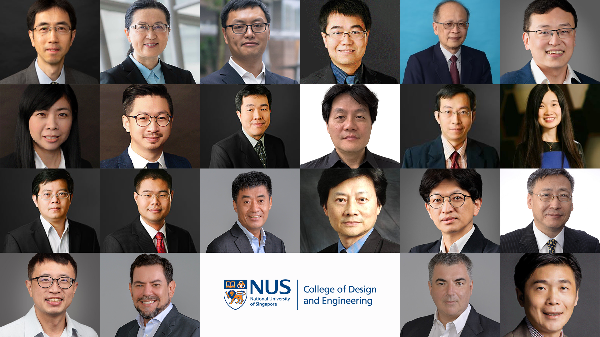 First row: Prof Lin Zhiqun; Prof Liu Bin; Adjunct Assoc Prof Xi Shibo; Prof Yan Ning; Emeritus Prof Ang Beng Wah; Asst Prof He Qian; Second row: Prof Ho Ghim Wei; Asst Prof Hou Yi; Assoc Prof Sibudjing Kawi; Assoc Prof Lee Chengkuo, Vincent; Prof Wang Chi-Hwa; Adjunct Assoc Prof Wang Xiaonan; Third row: Prof Xie Jianping; Assoc Prof Zhao Dan; Prof Ge Shuzhi, Sam; Emeritus Prof Nee Yeh Ching, Andrew; Prof Li Lain-Jong, Lance; Prof John Wang; Fourth row: Assoc Prof Thomas Yeo Boon Thye; Prof Antonio Helio Castro Neto; Prof Sir Konstantin Novoselov; Prof Qiu Cheng-Wei