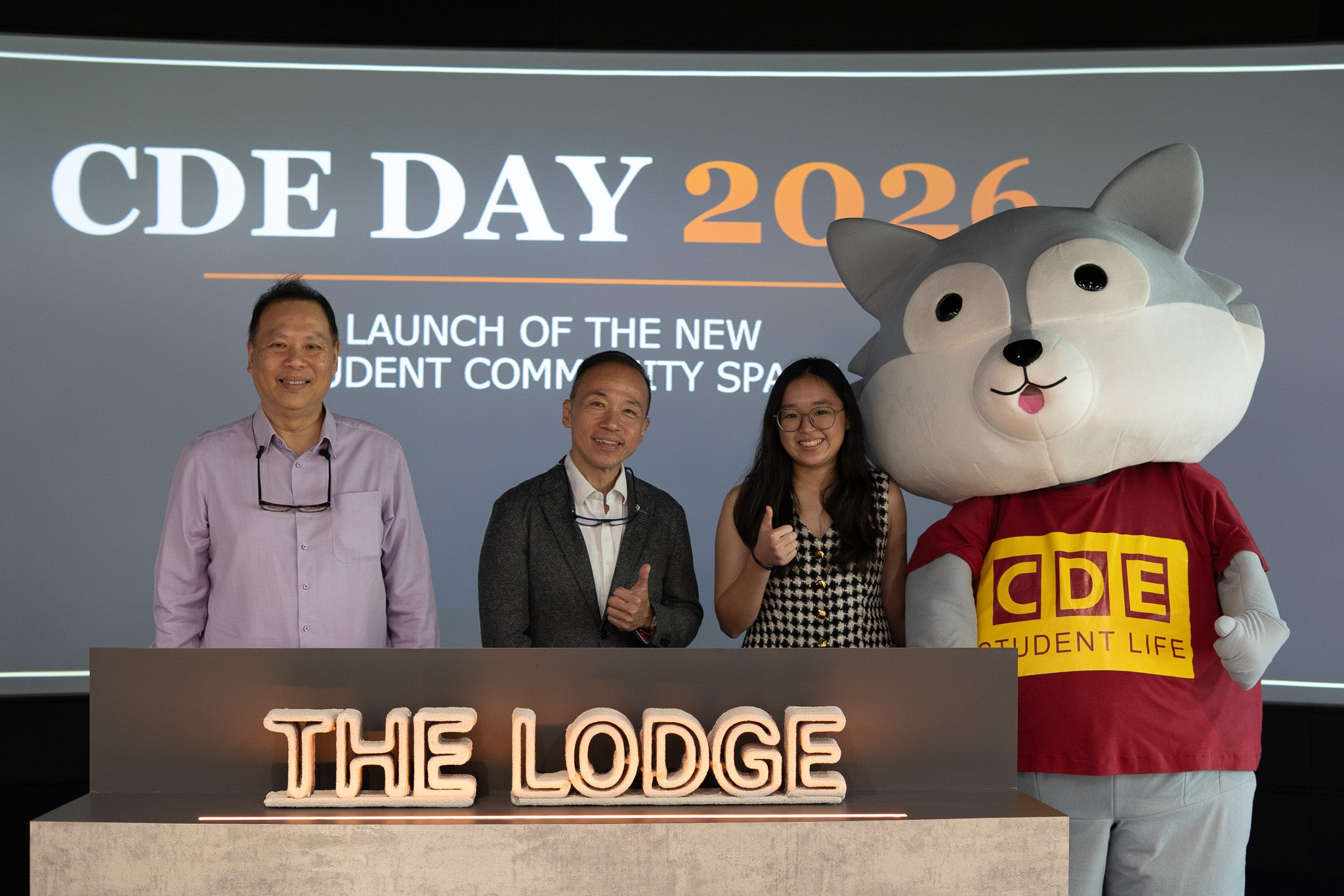 Professor Teo Kie Leong (Dean of CDE), Professor Aaron Thean (Provost at NUS), and Ling Xing Tze Erica (CDE Club President) at the launch ceremony of The Lodge