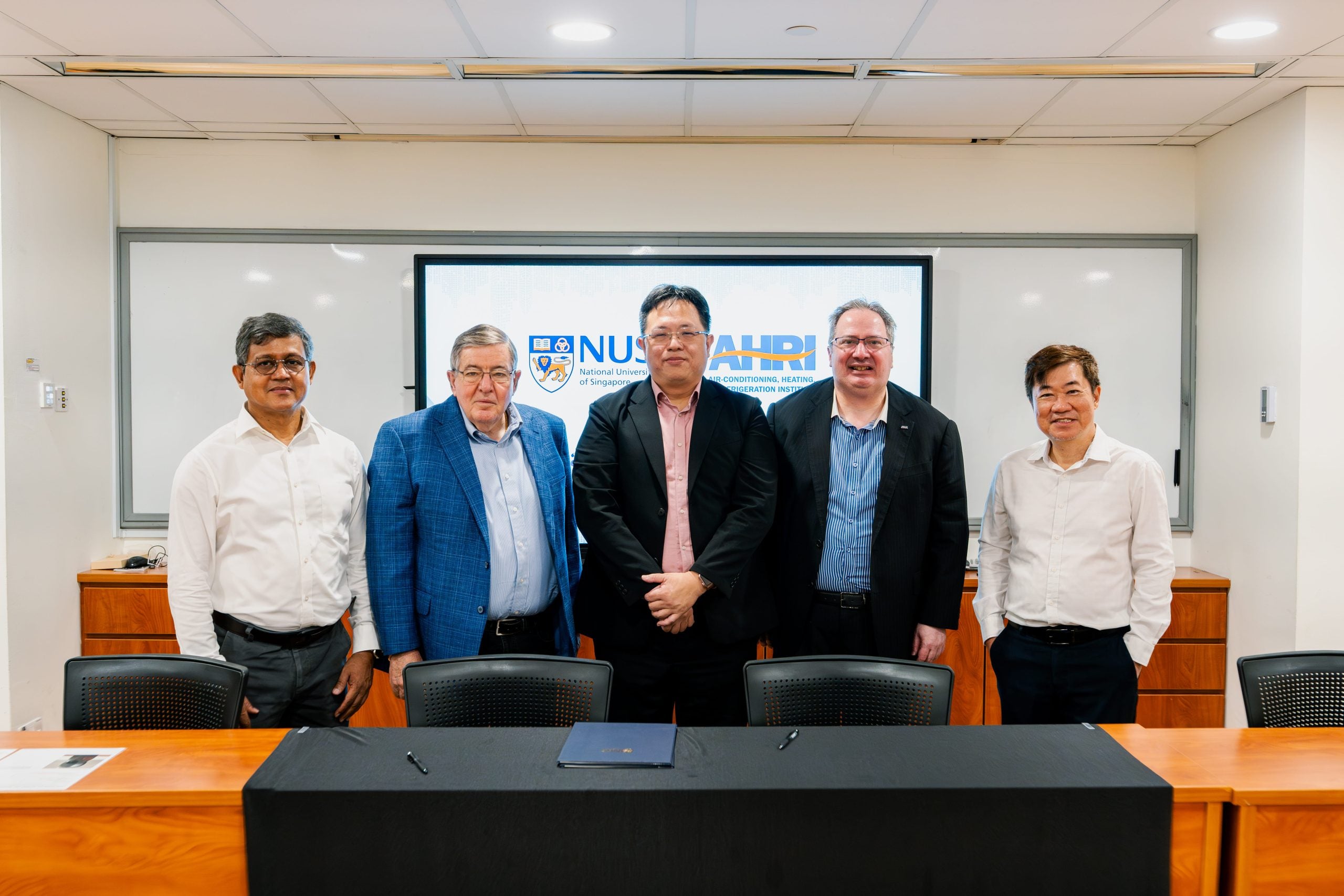 Photo (From left to right): Assoc Prof Md Raisul Islam, Department of Mechanical Engineering, NUS; Al Ward, Chairman of AHRI’s Global Services Committee; Prof Lee Poh Seng, Head of Department, Department of Mechanical Engineering, NUS; Dom LaVigne, Chief Representative for ASEAN, AHRI; Assoc Prof Chui Chee Kong, Deputy Head (Undergraduate Programmes), Department of Mechanical Engineering, NUS