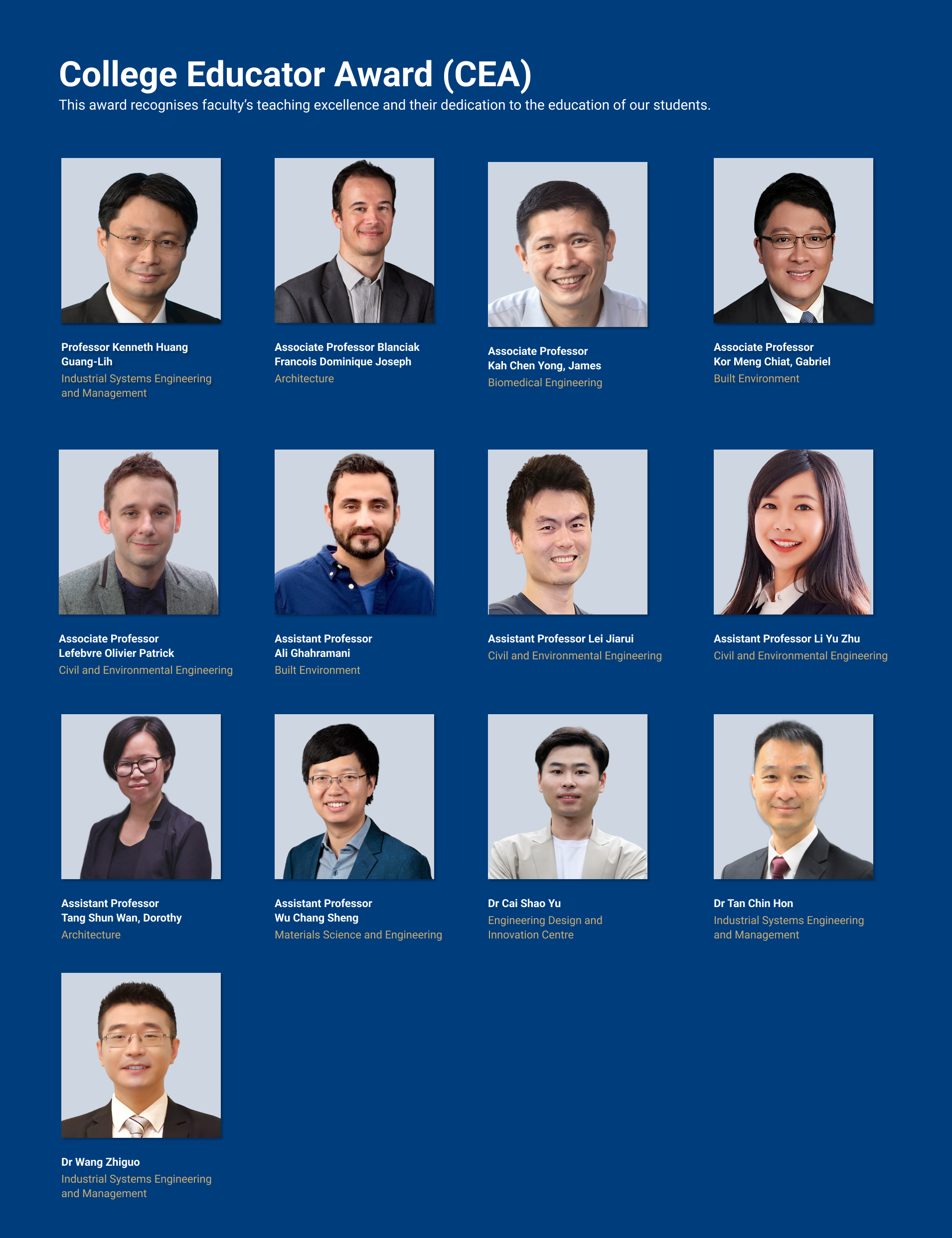 Prof Huang Guang-Lih, Assoc Prof Kah Chen Yong James, Assoc Prof Kor Meng Chiat Gabriel, Assoc Prof Lefebvre Olivier Patrick, Assoc Prof Francois Dominique Joseph Blanciak, Asst Prof Ali Ghahramani, Asst Prof Lei Jia Rui, Asst Prof Li Yu Zhu, Asst Prof Tang Shun Wan Dorothy, Asst Prof Wu Chang Sheng, Dr Cai Shao Yu, Dr Tan Chin Hon, and Dr Wang Zhi Guo.