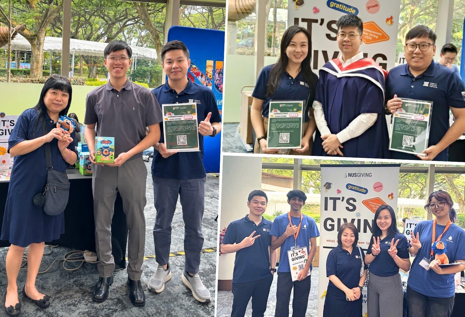Left photo: Mitchelle Ong (Office of Development), Sim Rong Zhi (Biomedical Engineering, Class of 2026), Ethen Tee (Office of Development) 

Top right photo: Lynette Lai (Office of Development), Edwin Lam (Master of Architecture, Class of 2026), Damien Chua (Office of Development) 

Bottom right photo: Ethen Tee (Office of Development), Annie Ee (Year 2, Life Sciences), Chris Kee (Office of Development), Lynette Lai (Office of Development), Ivan Earnest (Year 2, Chemical and Biomolecular Engineering)