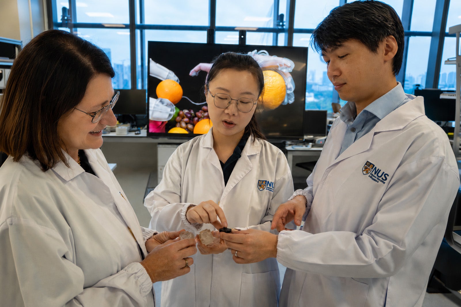 Researchers Prof Benjamin Tee and Prof Cecilia Laschi with co-first author of the paper, Research Fellow Yu Kelu, holding samples of the soft sensor.