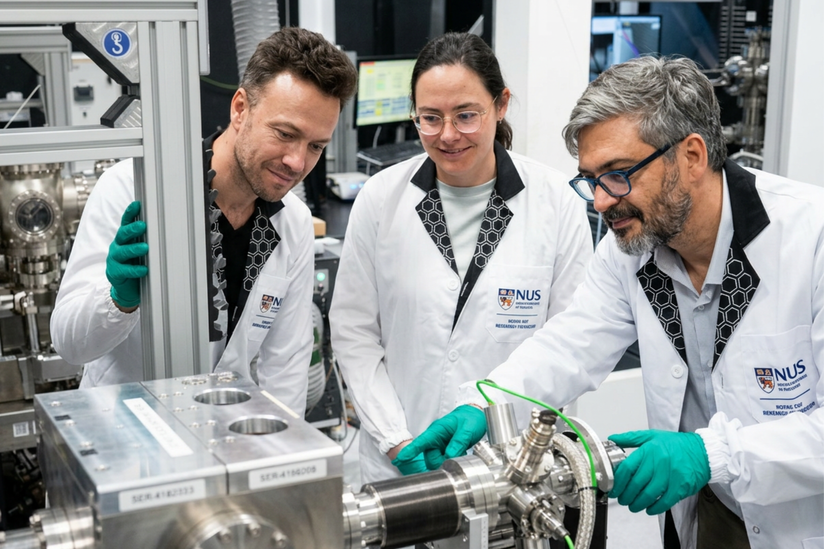 From left to right: Dr Artem Grebenko, Dr Alena Alekseeva, and Prof Barbaros Oezyilmaz, checking the positioning of the wafer within the UV laser-assisted CVD set-up used for the growth of ultra-low-k amorphous carbon. 