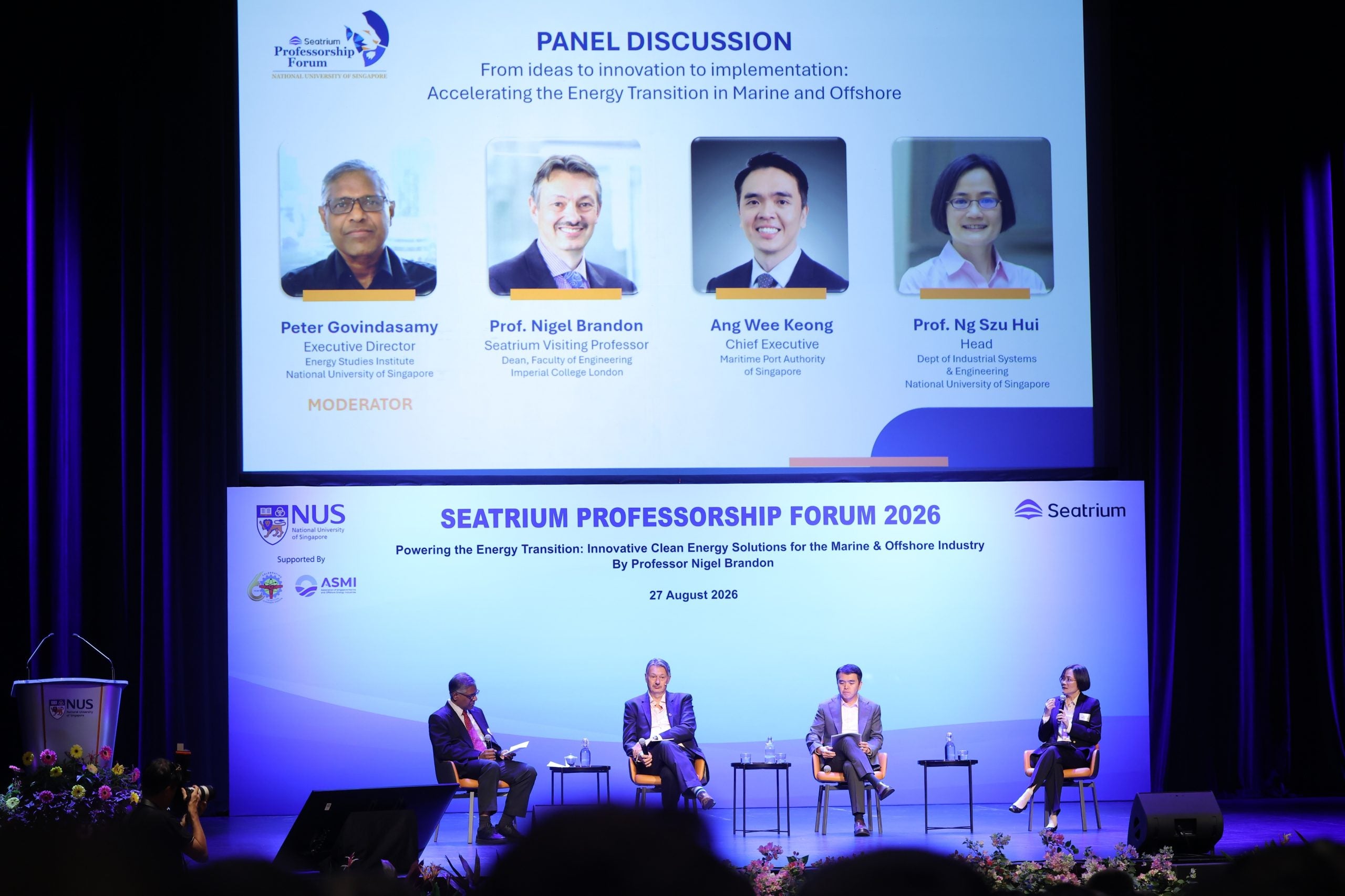 From left to right: Dr Peter Govindasamy (Executive Director of the Energy Studies Institute at NUS), Professor Nigel Brandon (Seatrium Visiting Professor and Dean of the Faculty of Engineering at Imperial College London), Mr Ang Wee Keong (Chief Executive of the Maritime and Port Authority of Singapore), Professor Ng Szu Hui (Head of the Department of Industrial Systems Engineering and Management at NUS)