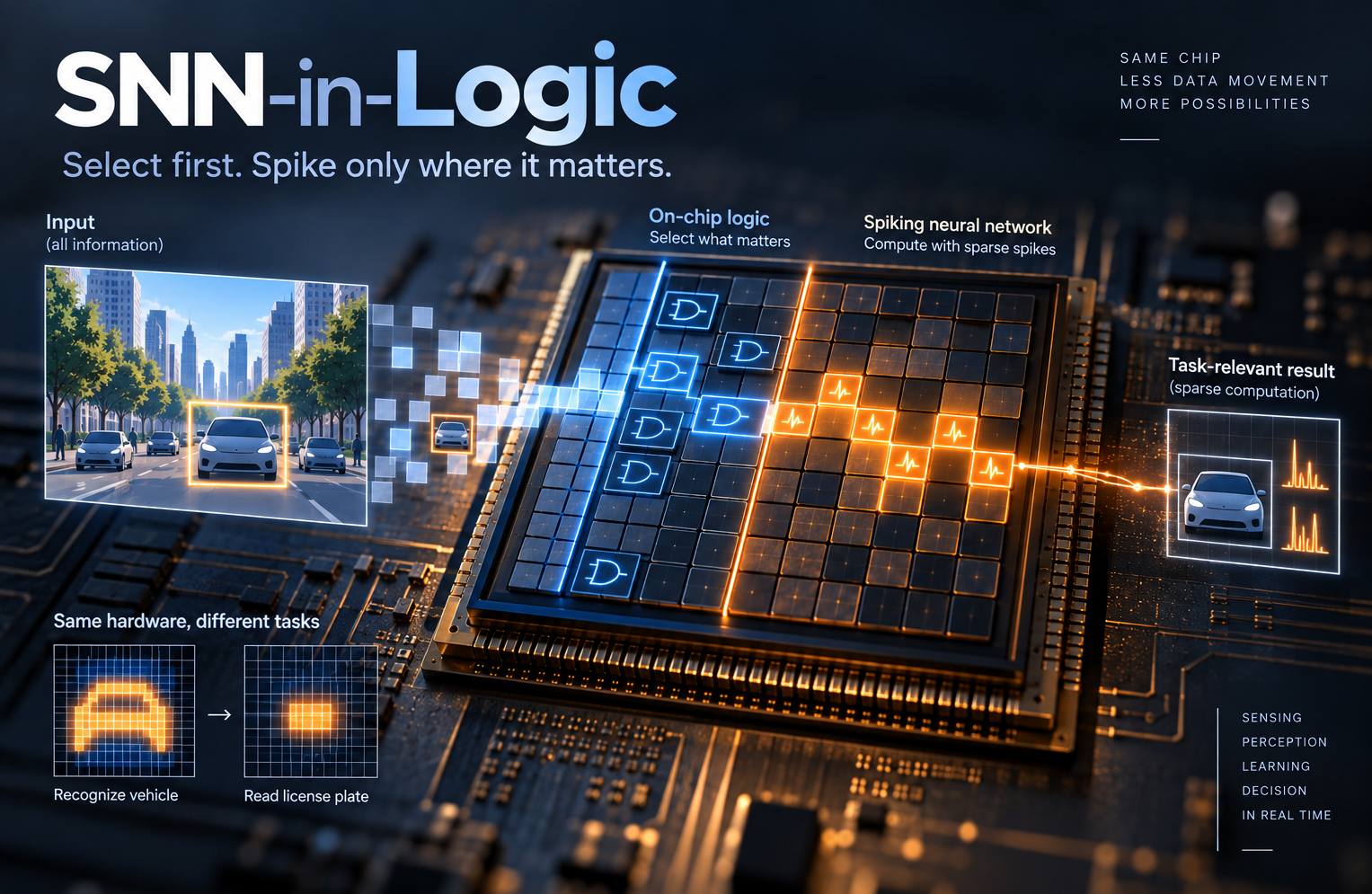 Graphic showing the “spiking neural network (SNN)-in-logic” architecture in action
