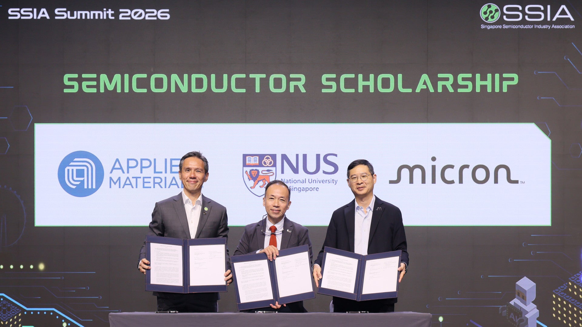 (from left) Mr Brian Tan, Regional President, Southeast Asia, Applied Materials; Prof Aaron Thean, NUS Deputy President (Academic Affairs) and Provost; and Mr Joshua Lee, Corporate Vice President and Singapore Country Manager, Micron Technology at the MOU signing ceremony held on 24 September 2026.