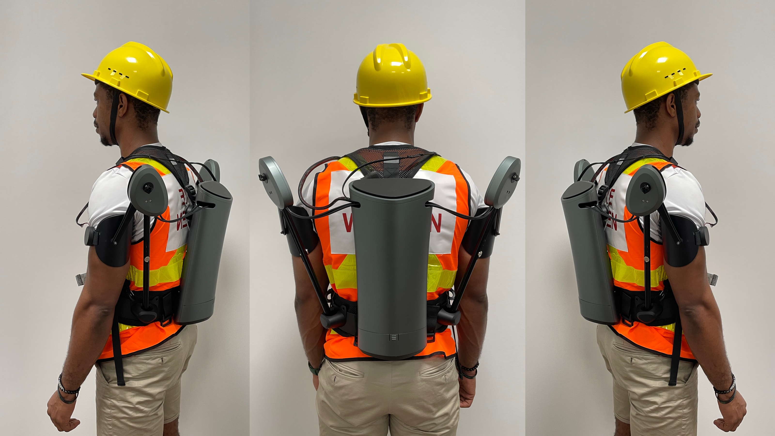 an image of a person wearing a back exoskeleton