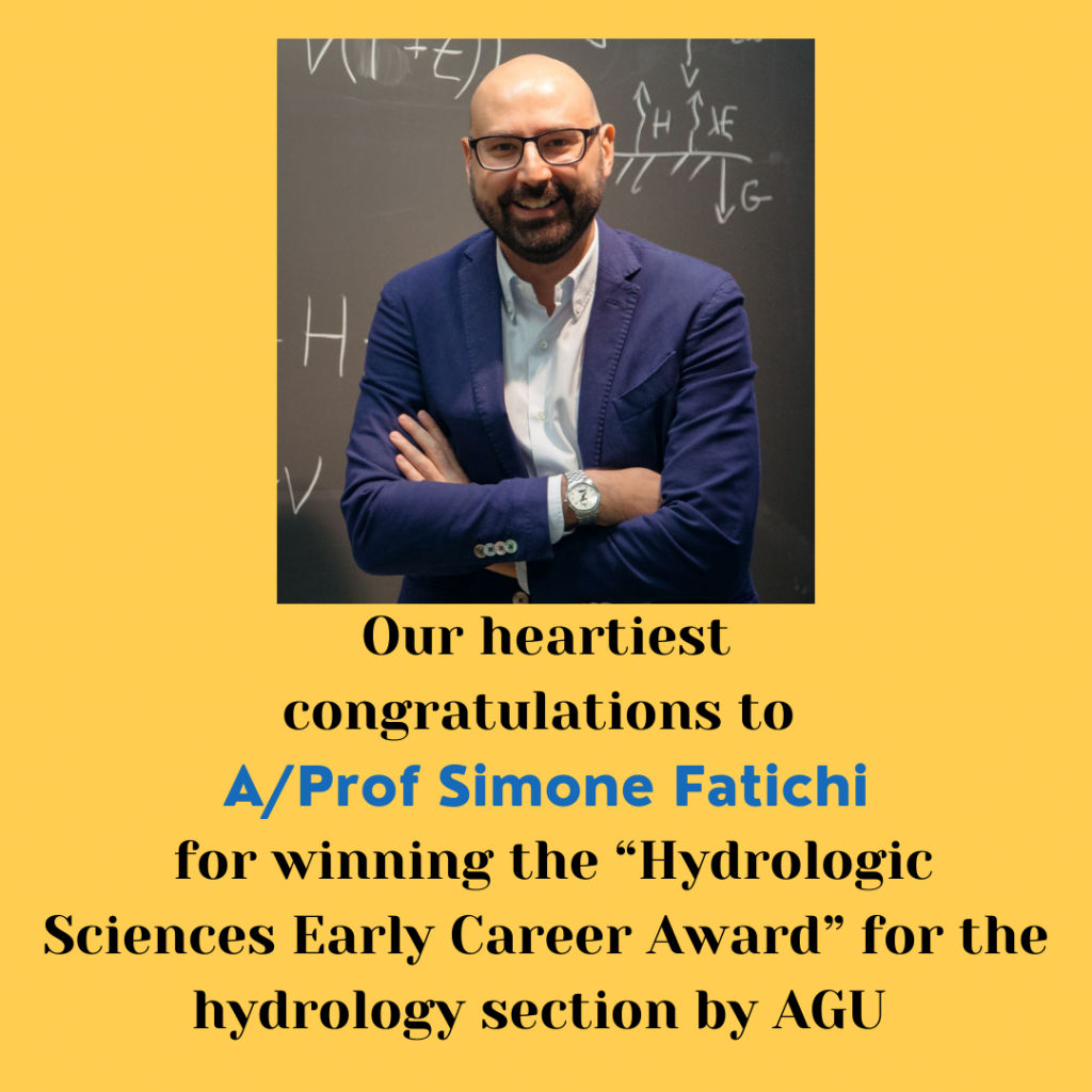 A Prof Simone has been awarded the “Hydrologic Sciences Early Career Award” for the hydrology section by American Geophysical Union, AGU