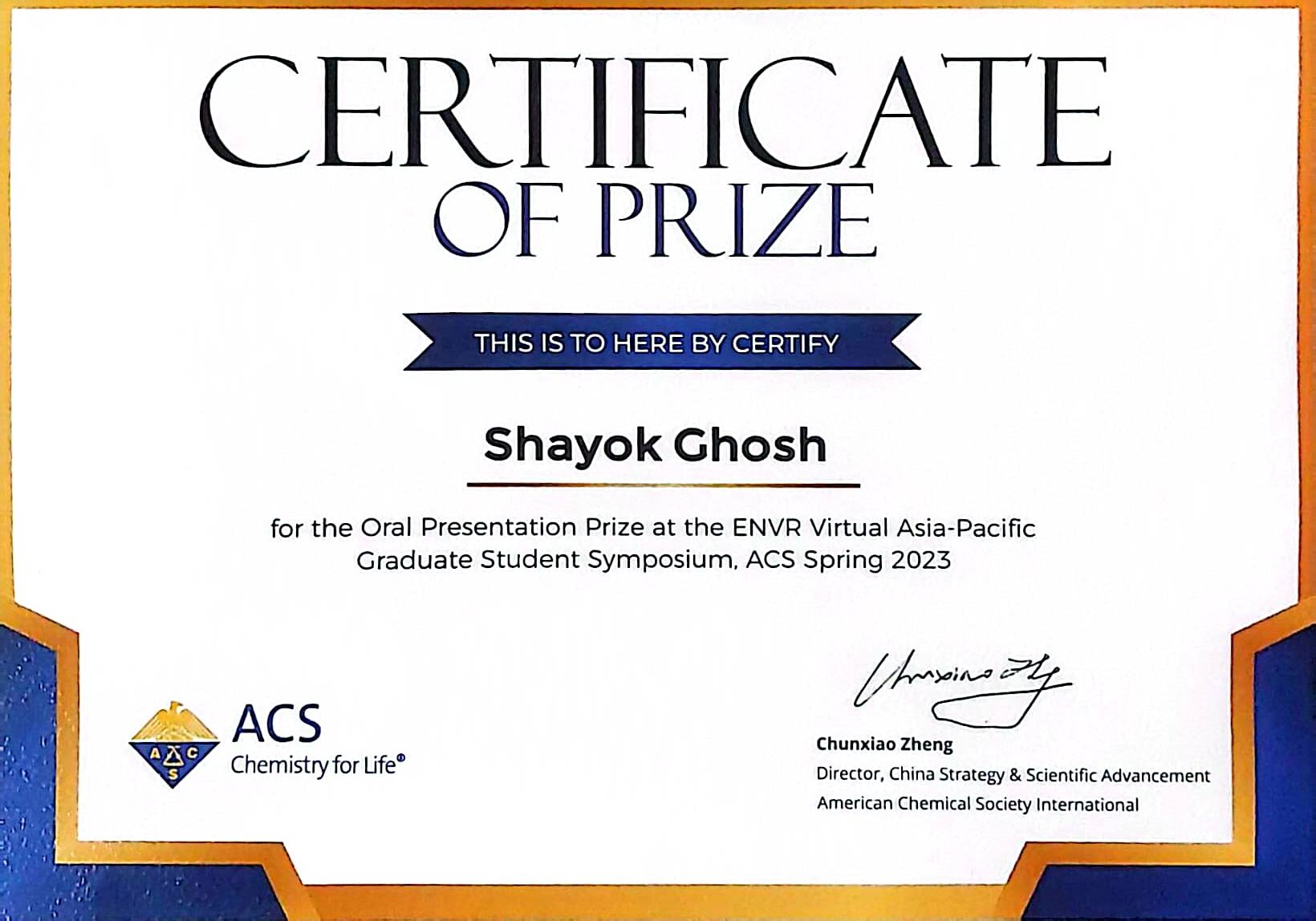 Oral Presentation Prize in ACS Spring 2023Crossroads of Chemistry
