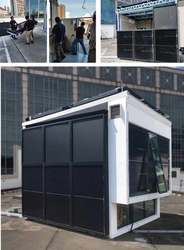 Figure 1: Actual construction process and prefabricated unitised BIPV envelope as built. Each PV-integrated unitised facade panel is of a manageable weight, hence allowing installation to occur in building interiors, like unitised curtain walls. Three workers can manually handle the installation.