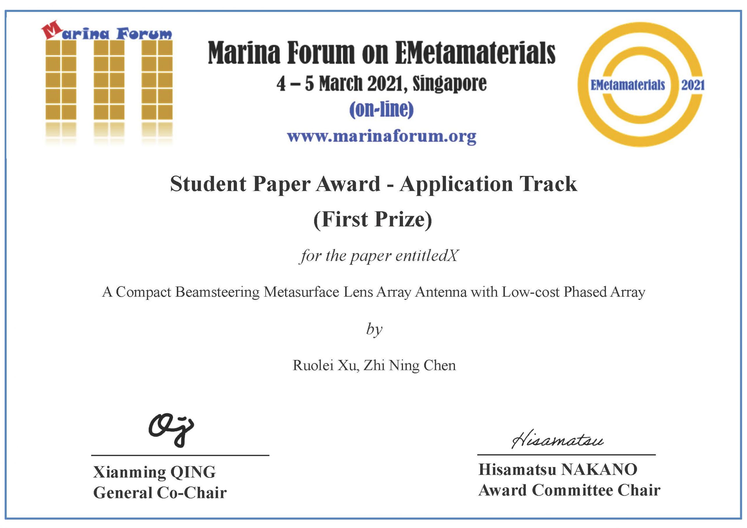Student Paper Award Of Marina Forum 2021 Ruolei Xu