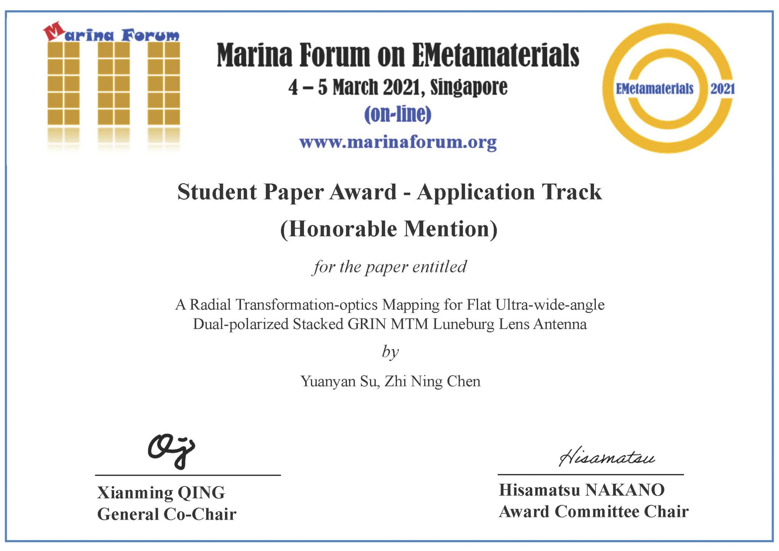 Student Paper Award Of Marina Forum 2021 Yuanyan Su