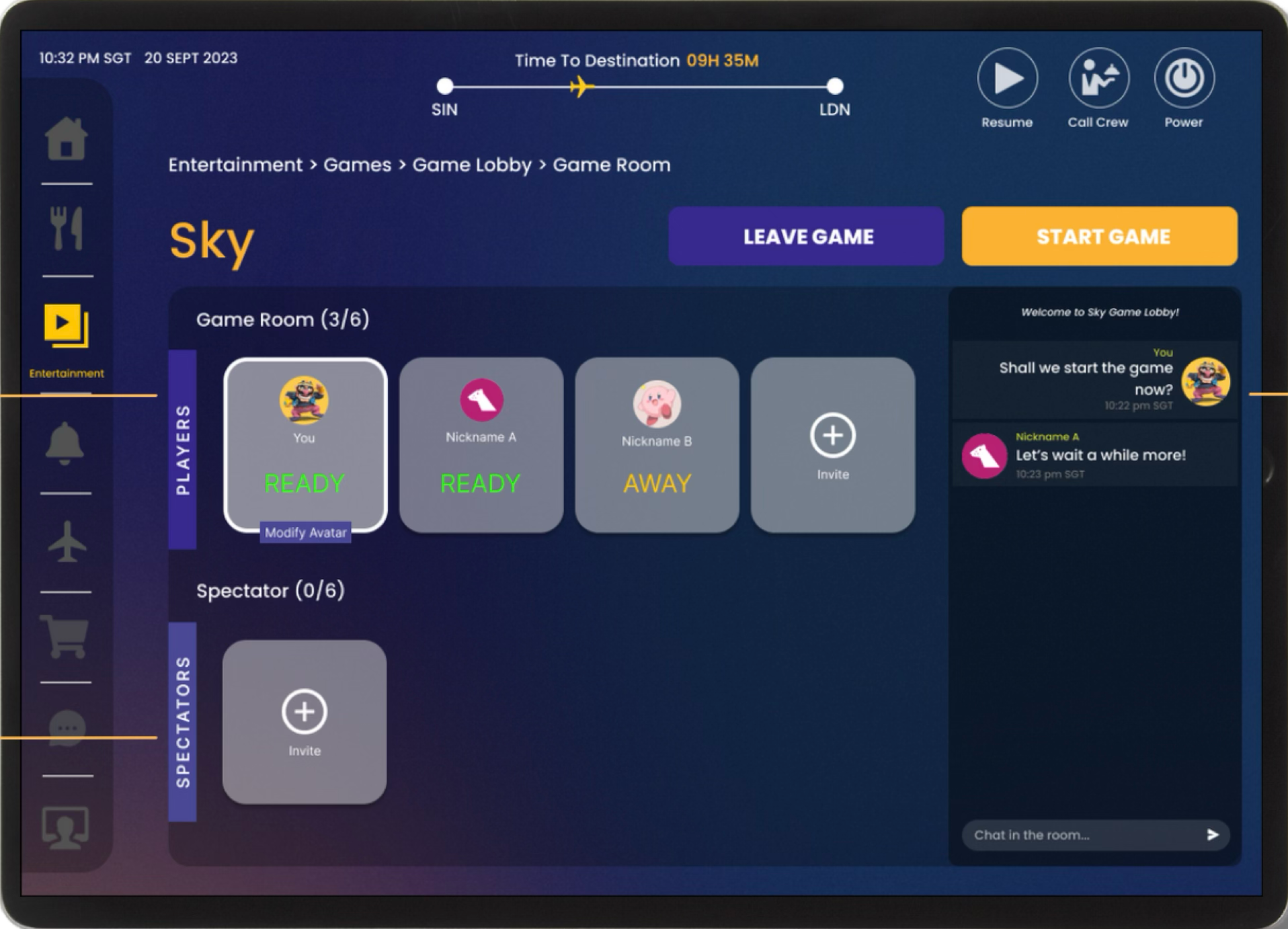 Example of interface to start Game Party