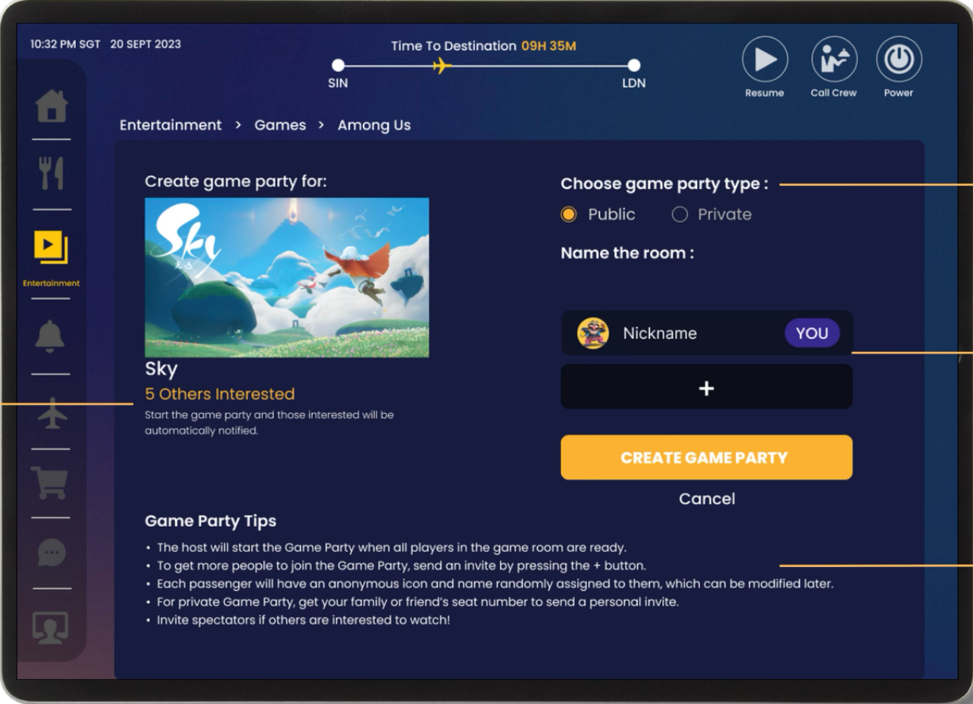 Example of interface to create or join Game Parties