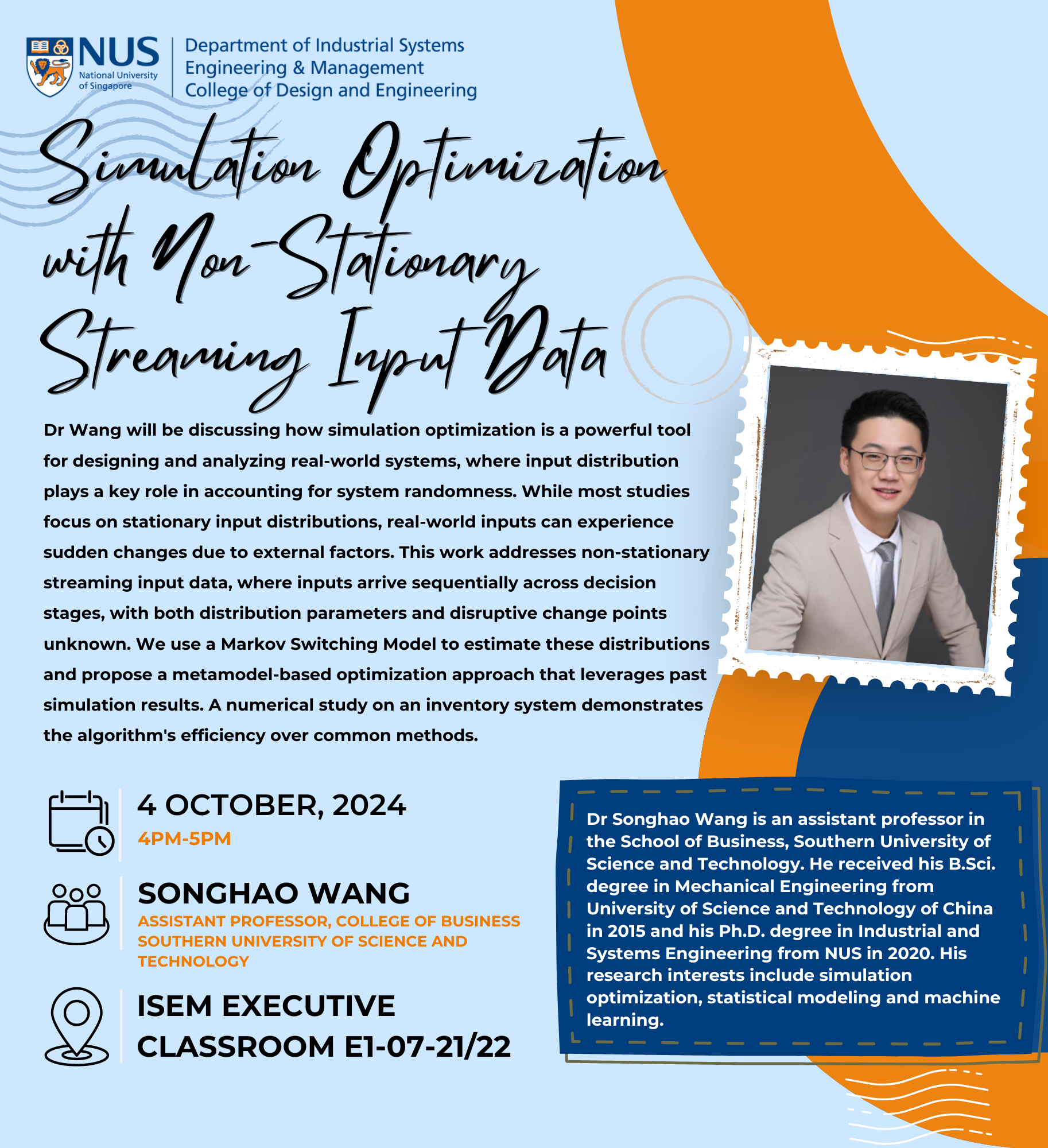 Simulation Optimization with Non-Stationary Streaming Input Data - Dr Songhao Wang 