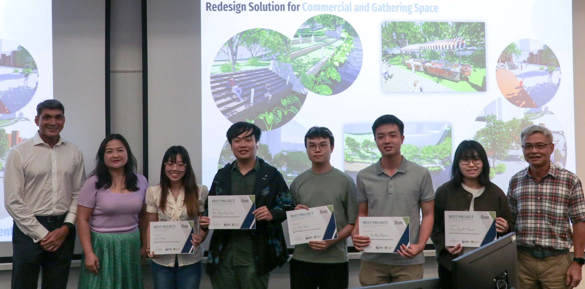 Lee Kwong Weng’s winning team at the certificate presentation for the first Liveable Cities Best Project competition on 19 Dec 2023. From left to right: Mr Benett Theiseira (Chair, ULI Singapore); Ms Chan Hui Min (Director, DP Architects); Goh Nuoxu (Mechanical Engineering); Ho Tiong Teng, Sean (Landscape Architecture); Lee Kai Xuan (Biomedical Engineering); Seah Jin Bao Darren (Industrial &amp; Systems Engineering); Chen Jing Yi, Vanessa (Materials Science &amp; Engineering); Mr Lee Kwong Weng (Studio Leader). One more member of the team, Fiona Chua Pei Xuan (Biomedical Engineering), was unable to attend the ceremony. 