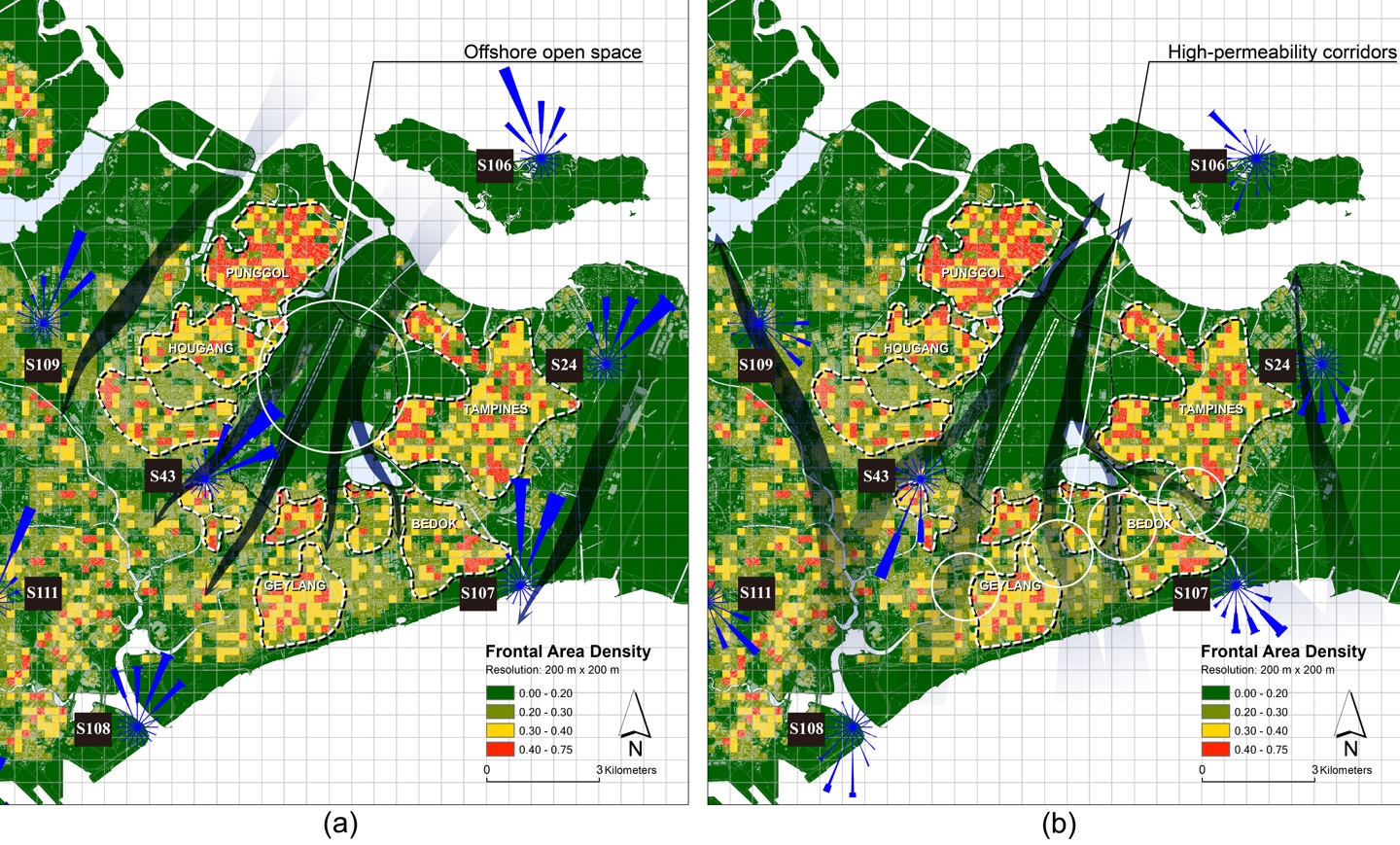 Figure 2. Potential and existing air paths identification in the Eastern part of Singapore [3].