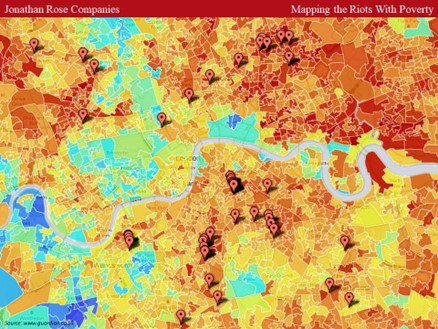 Figure 1: In this map of London, the deeper the colour, the deeper is the level of poverty in that area. The Google Points show the location of riots in the city, in 2011. Image: Jonathan Rose Companies