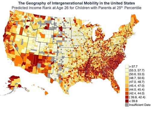 Figure 2: This map shows the geography of Intergenerational Mobility in the United States of America. The deeper the colour in the map, the higher are the chances that an adult is earning less than their low-income parents. Image: Jonathan Rose Companies