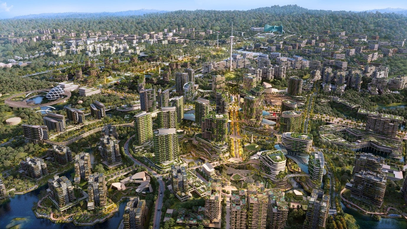 Forest city The buildings of Nusantara will be surrounded by and covered in lush greenery. Image Credit: Urban+ and PUPR