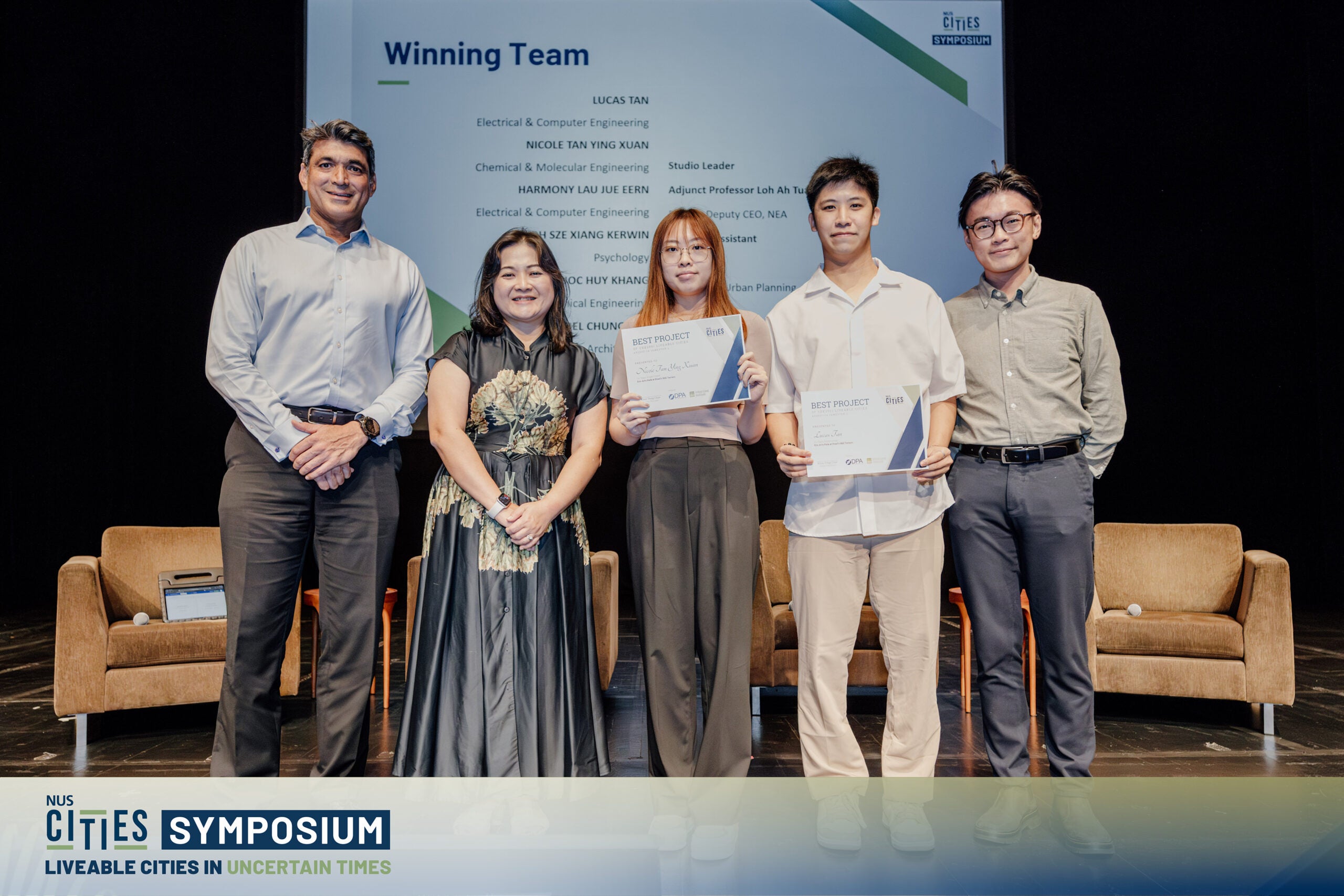 (Left to Right) Mr. Benett Theseira (Managing Director, Head of Asia Pacific, PGIM Real Estate), Ms. Chan Hui Min (Director, DP Architects), Nicole Tan Ying Xuan, Lucas Tan, Teh Chen Xi (Teaching Assistant)
(Not in photo) Harmony Lau Jue Eern, Koh Sze Xiang Kerwin, Tran Phuoc Huy Khang, Mabel Chung Leyi and Loh Ah Tuan (Studio Leader)