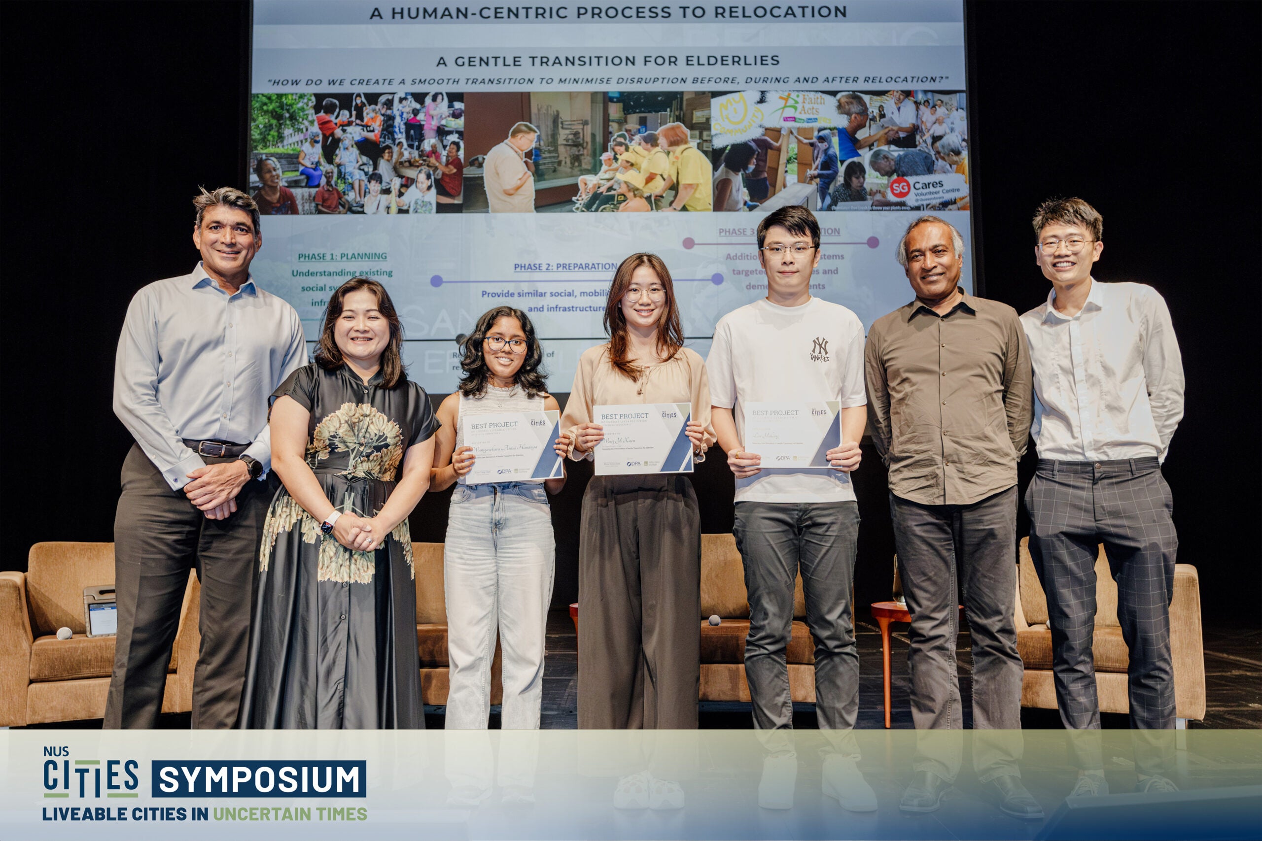 LC human-centric process (Left to Right) Mr. Benett Theseira (Managing Director, Head of Asia Pacific, PGIM Real Estate), Ms. Chan Hui Min (Director, DP Architects), Wanigasekara Arani Himanya, Wong Yi Xuen, Lou Yuhang, John Achari (Studio Leader), Wisely Ong (Teaching Assistant); (Not in photo) Xu Zhen, Woo Ka Yi Amanda