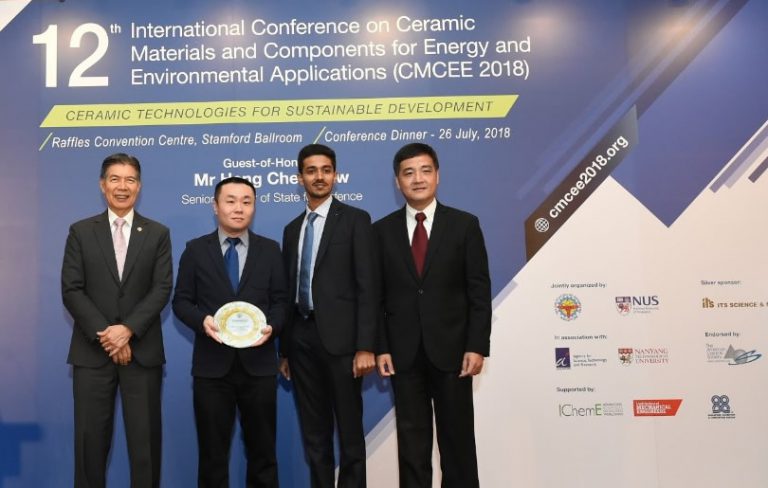 Asst Prof Tan Swee Ching (second left) and PhD student Mr Sai Kishore Ravi (second right) received the award from Mr Heng Chee How. (photo credit: IES)