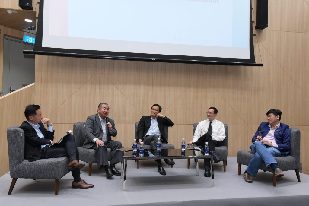 A panel discussion moderated by Prof Yoon Soon-Fatt, NUS Engineering Vice Dean (Industry), focused on the impact of digital transformation on research, enterprise and education. From left: Prof Yoon, NUS Senior Vice President (Graduate Education &amp; Research Translation) Prof Freddy Boey, President of New Enterprises &amp; Ventures at ST Engineering Mr Russell Tham, Mr Chiu and Dr Leong.