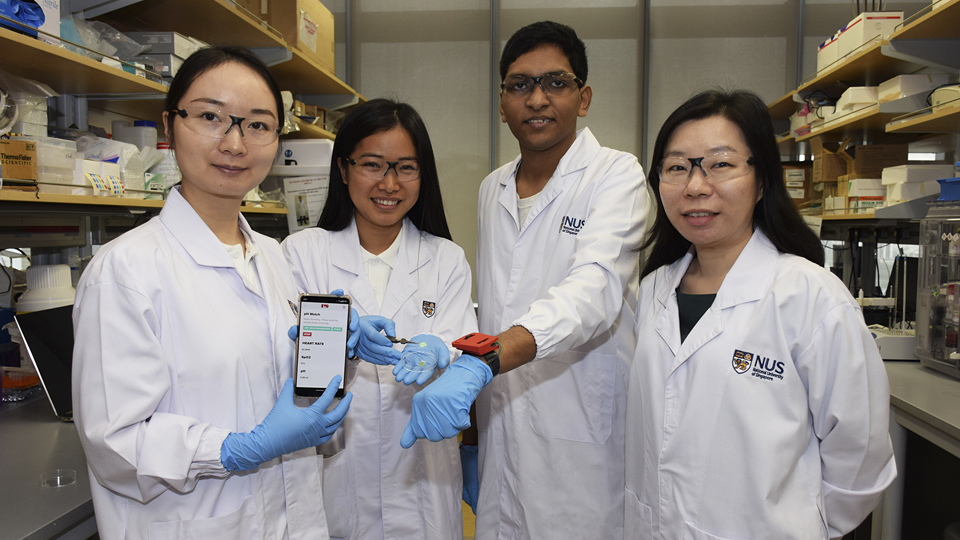 <div>A team of NUS researchers has come up with the pH Watch, an ‘add-on’ to a wearable health monitoring gadget that can tell users about the condition of their health from their sweat pH.</div><div>(From left to right) Dr Wang Bo, Ms Chen Yuan, Mr Ananta Narayanan Balaji and Assistant Professor Shao Huilin</div>